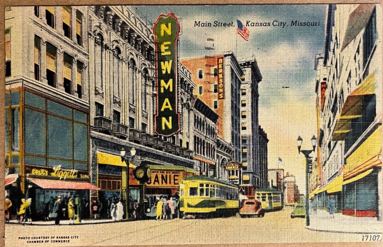 Kansas City Missouri Main Street Newman Theater Drug Store Postcard c1940