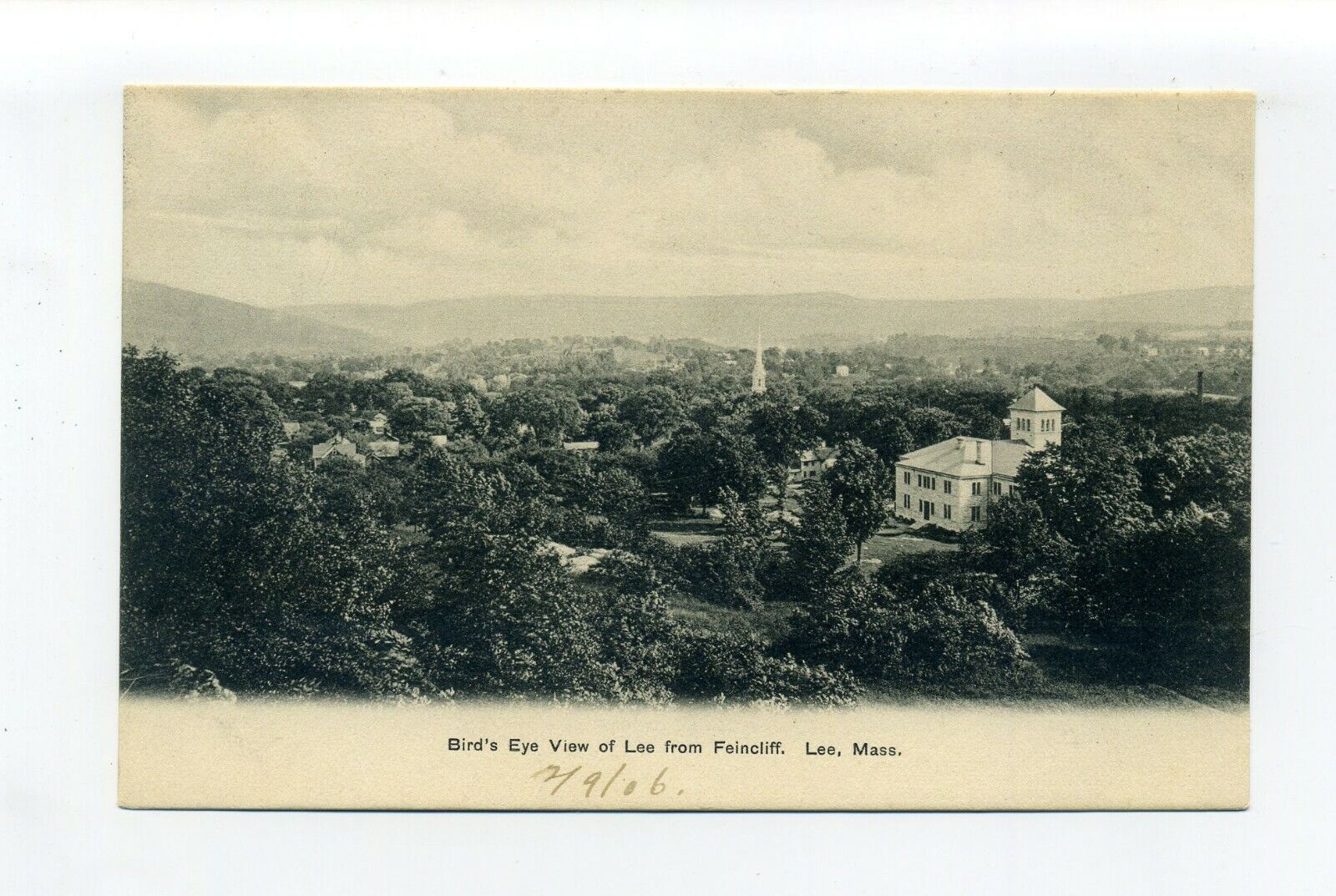 Lee MA Mass 1906 postcard, Birdseye View, homes, steeple visible through trees