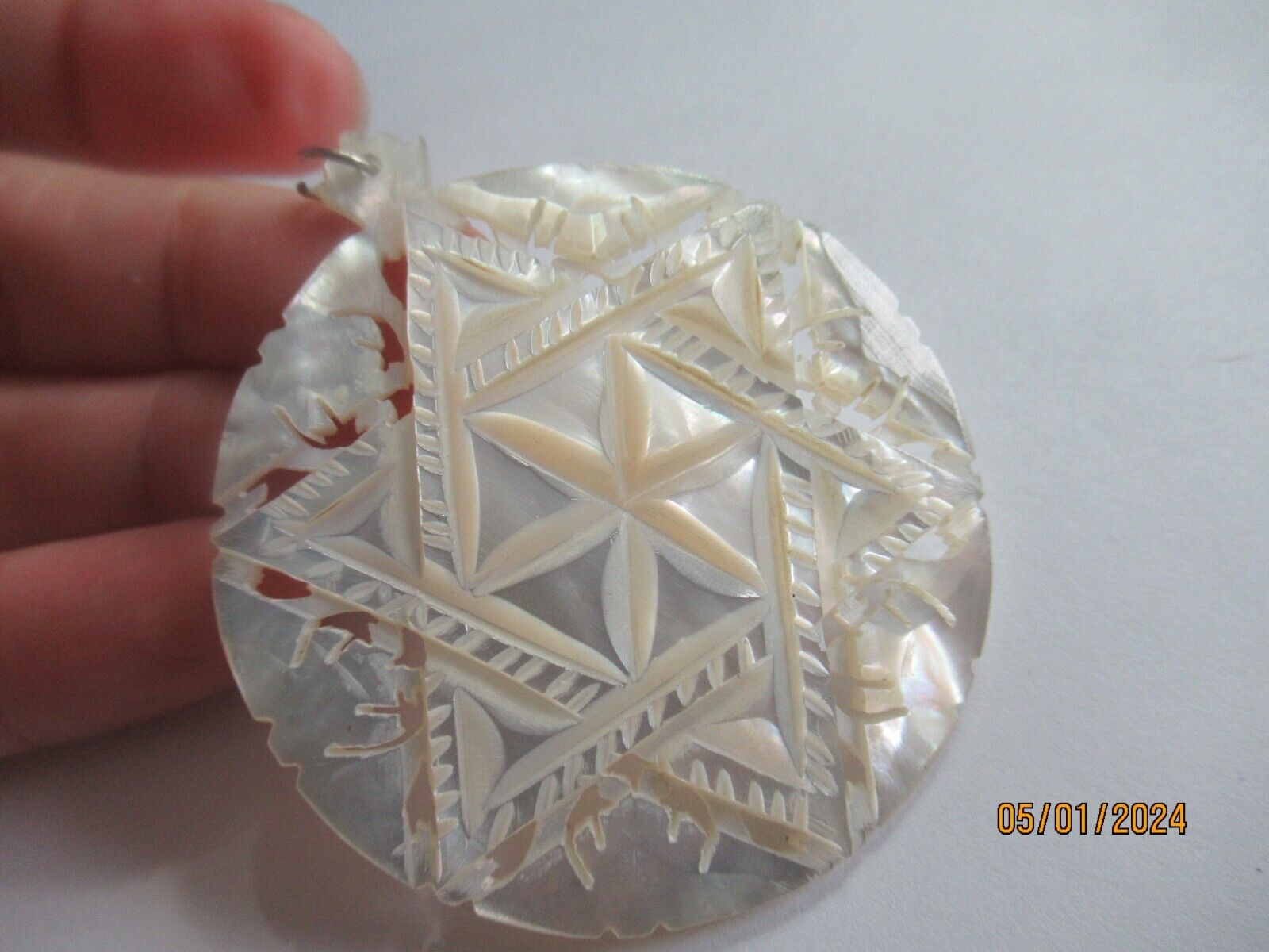 Antique Victorian Carved Mother of Pearl MOP Religious Star of David Pendant