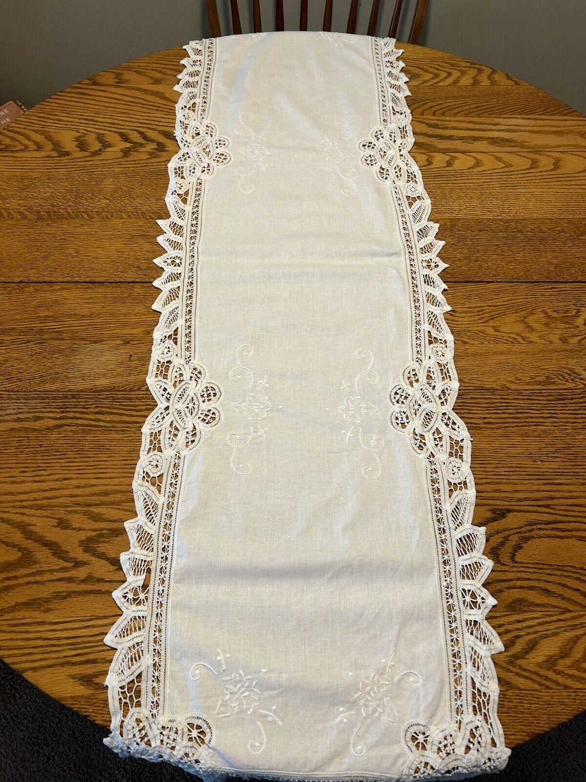 Vintage Battenberg Table Runner Lace Embroidered White Cotton 48” X 15”