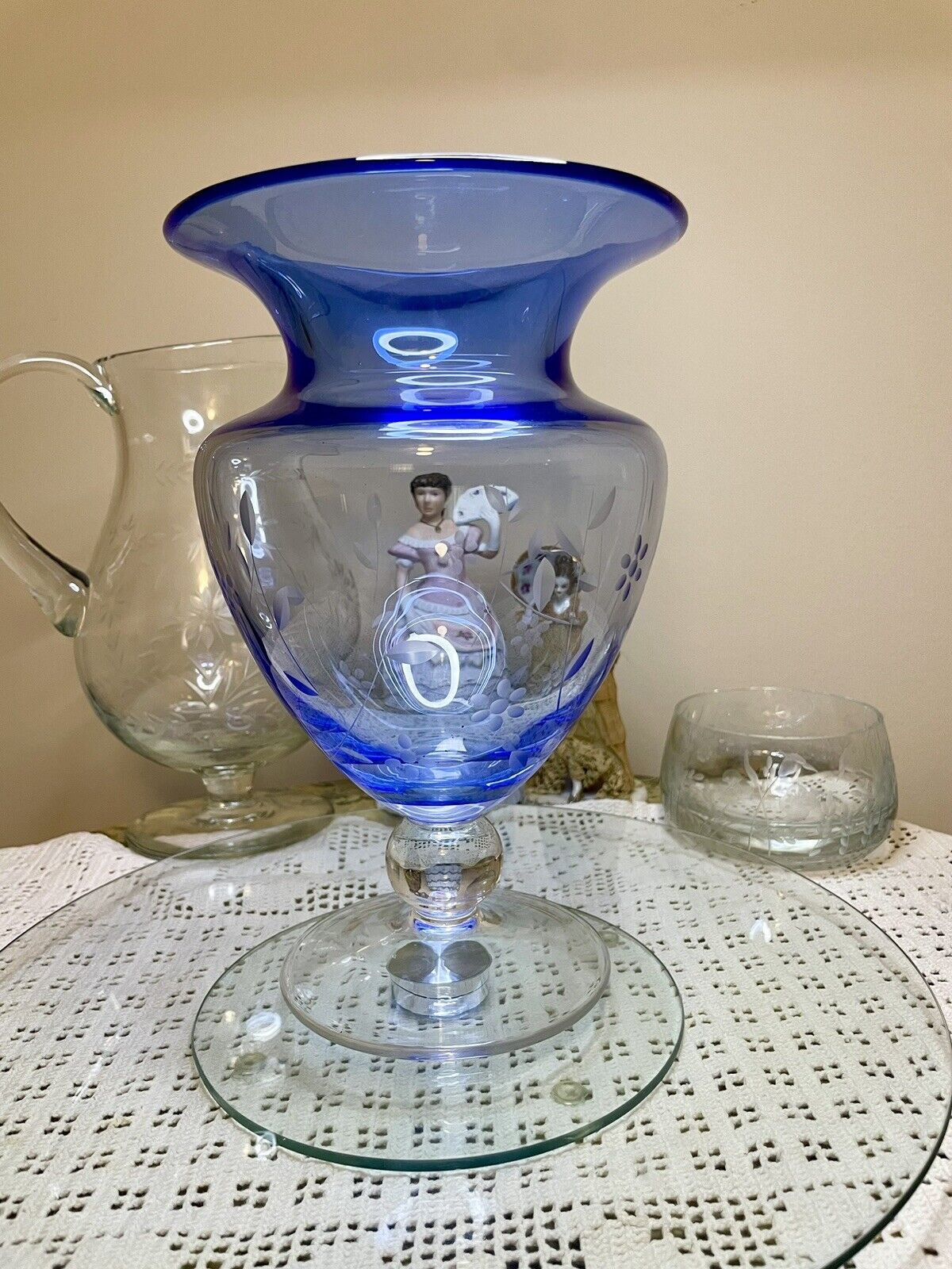 Blue Vase With Elegant Floral Etching