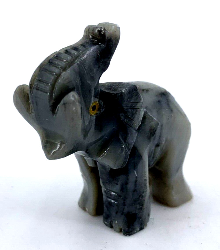 Elephant Figurine Hand Carved Alabaster Stone Trunk Up 1.5\