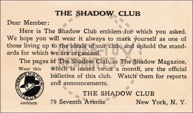THE SHADOW CLUB EMBLEM CARD - VINTAGE REPRINT