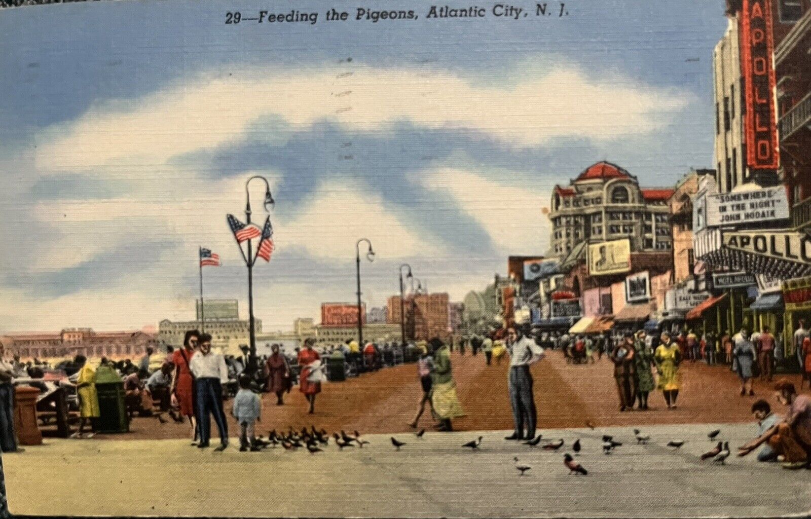 1948 Feeding The Pigeons Atlantic City NJ Vintage Postcard New Jersey Linen
