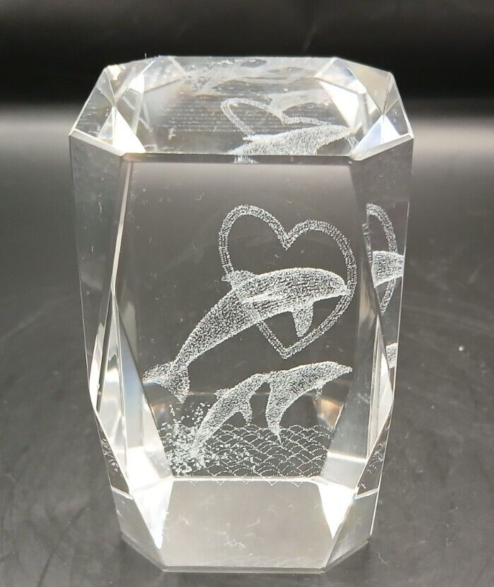 3D Laser Etched Glass Crystal Cube Dolphin Jumping Through A Heart Paperweight