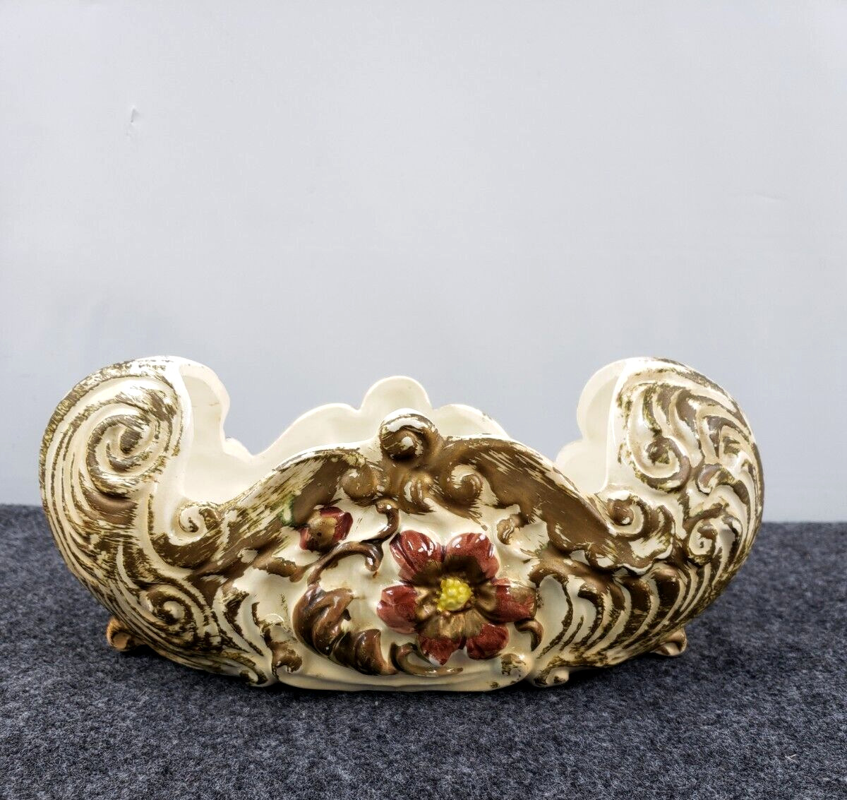 Vintage Ceramic planter ornate by Acson Japan Gold scroll floral 10in foil label
