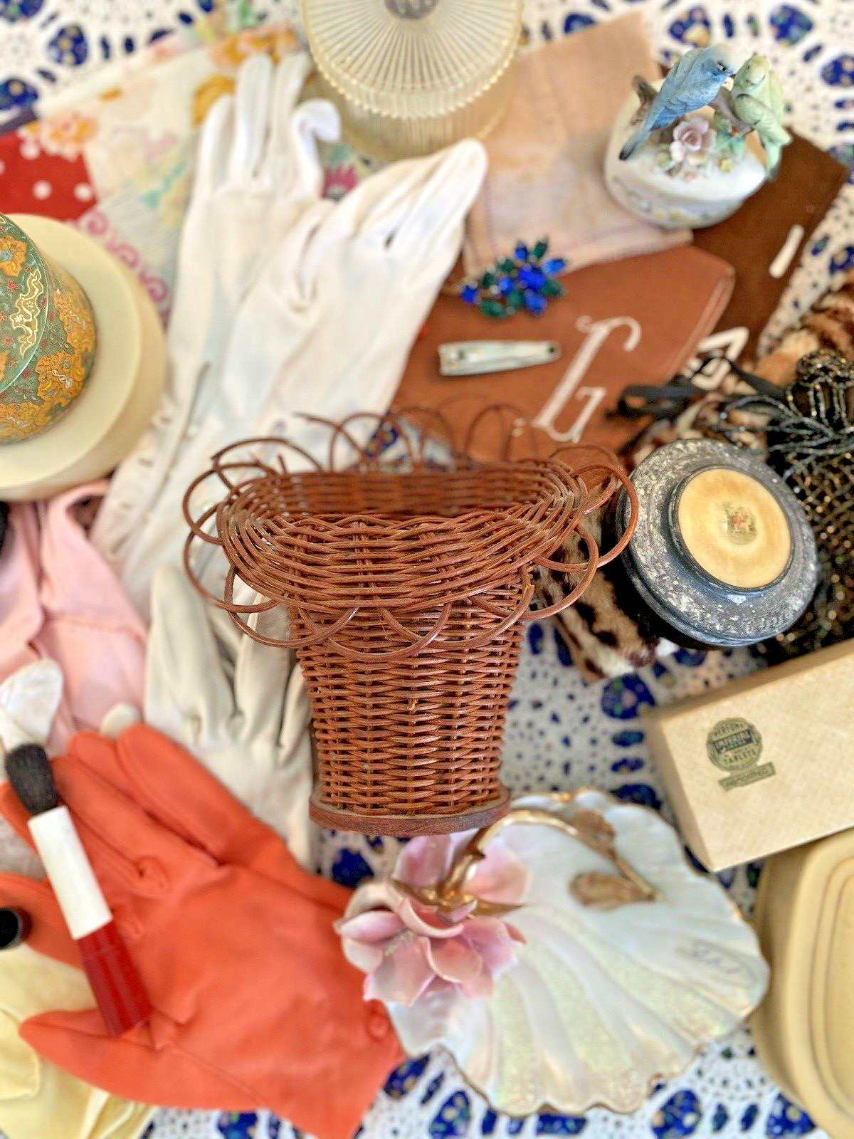 Vintage Grandma's Junk Drawer Lot Vanity Gloves Purse Hairpins Porcelain