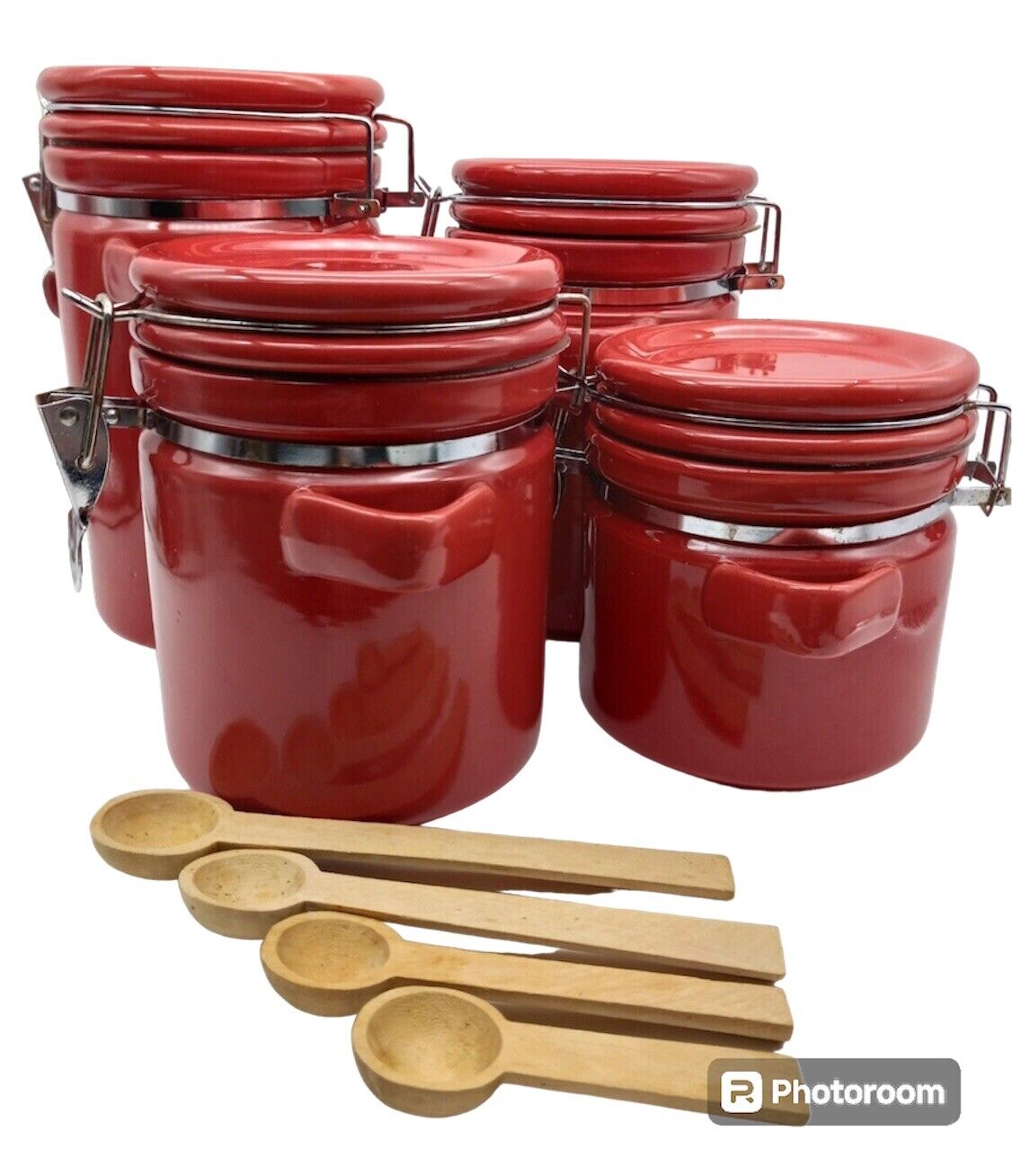 Vintage Set Of 4 Alco Industries Red Canisters With Measuring Spoons