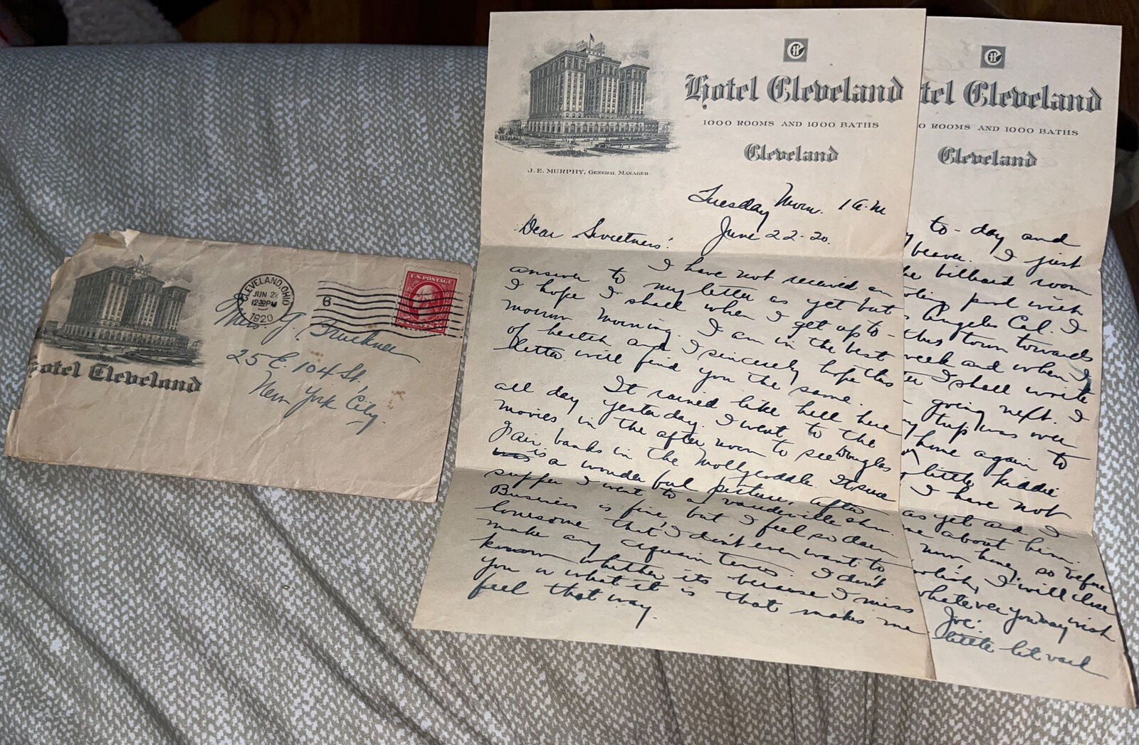 Antique 1920 Letter Hotel Cleveland Letterhead Stationary Ohio OH History