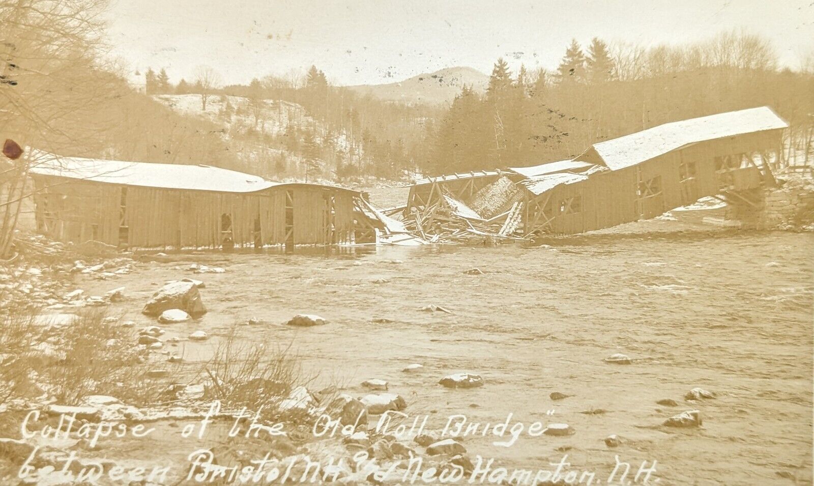 Postcard Real Photo Collapse of Covered Fall Bridge Hampton Bristol NH 1928
