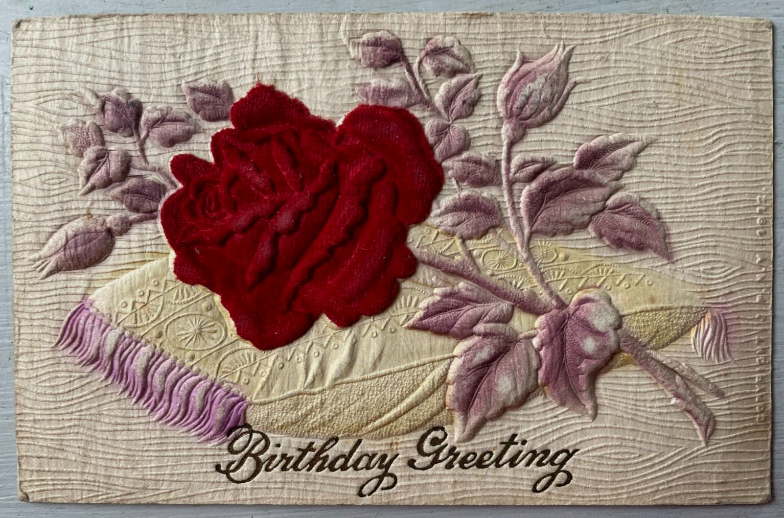 Vintage Victorian Postcard 1912 Birthday Greeting - Red Flocked Velvet Roses