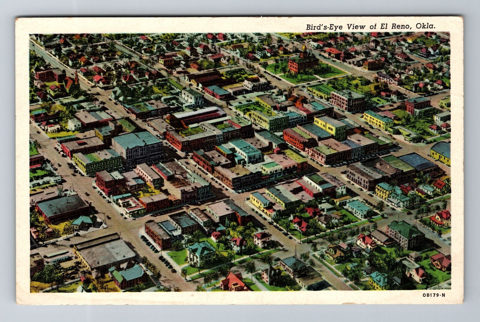 El Reno OK-Oklahoma, Aerial View Of Town Area, Antique Souvenir Vintage Postcard