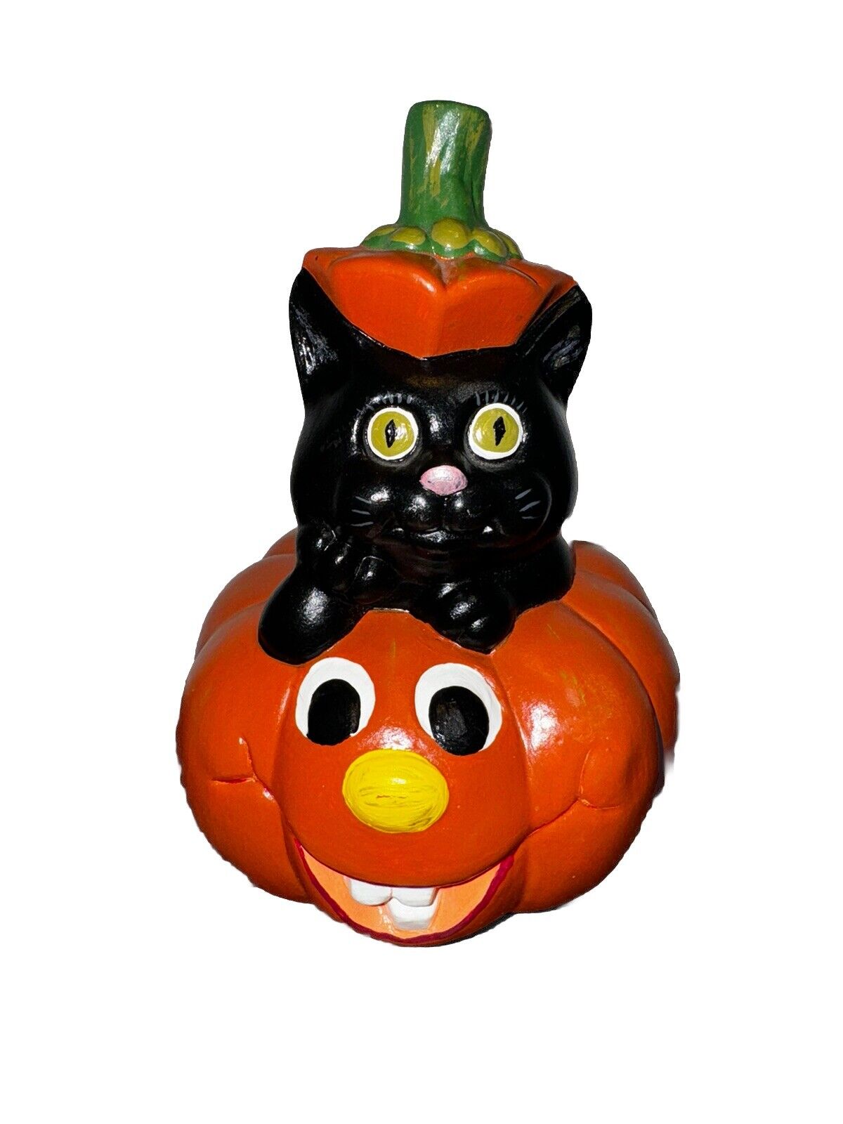 VTG Halloween Decor Ceramic Jack O Lantern With Black Kitten Cat Hand Painted