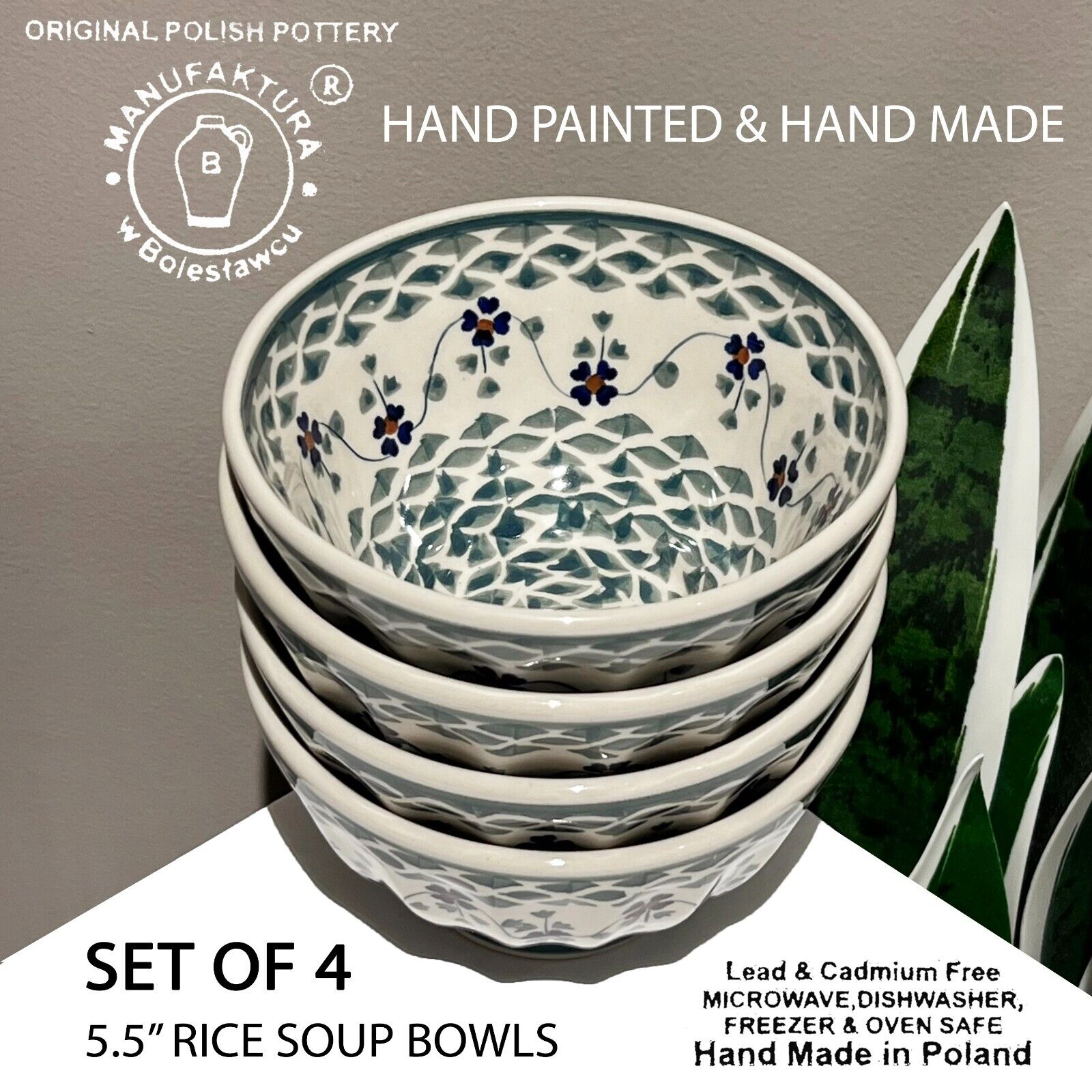 4 New MANUFAKTURA W BOLESTAWCU Hand Made Painted Pottery Rice Soup Bowls Green