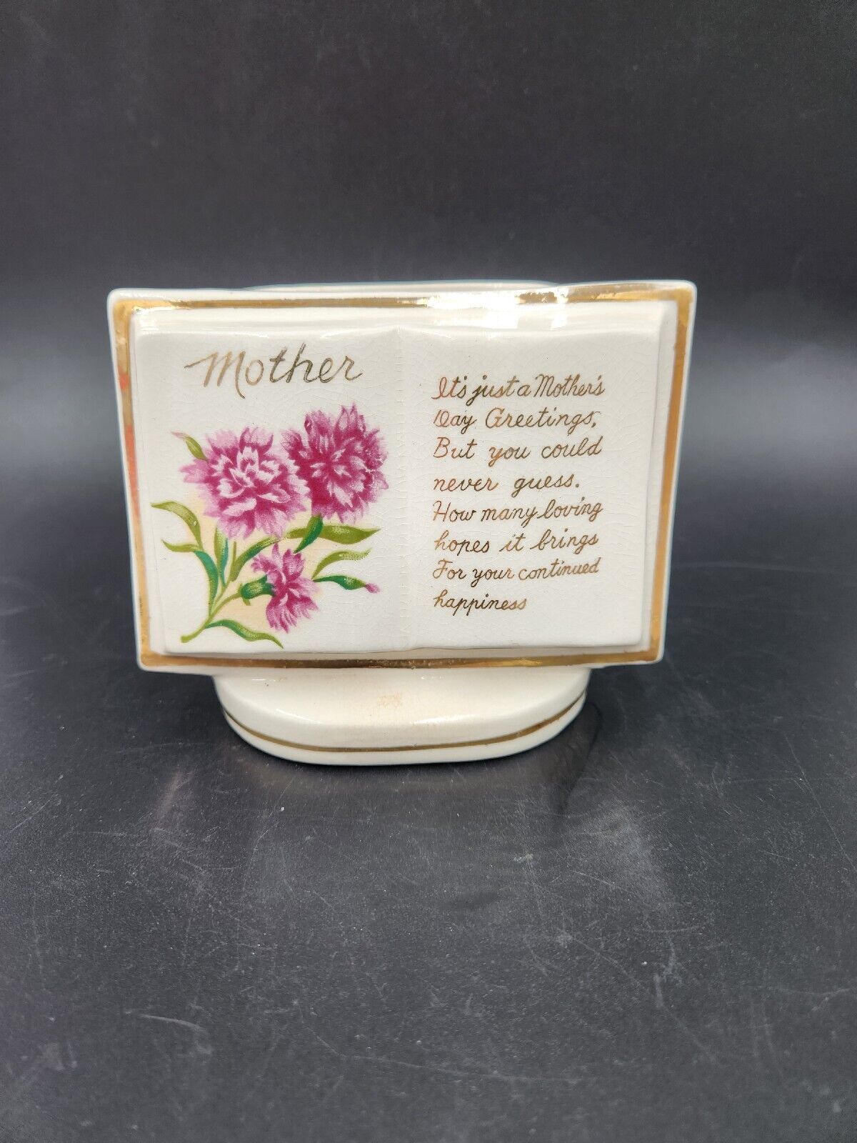Vintage Ceramic Mothers Day Greetings Book/Card Planter w/Gold Trim Made Japan