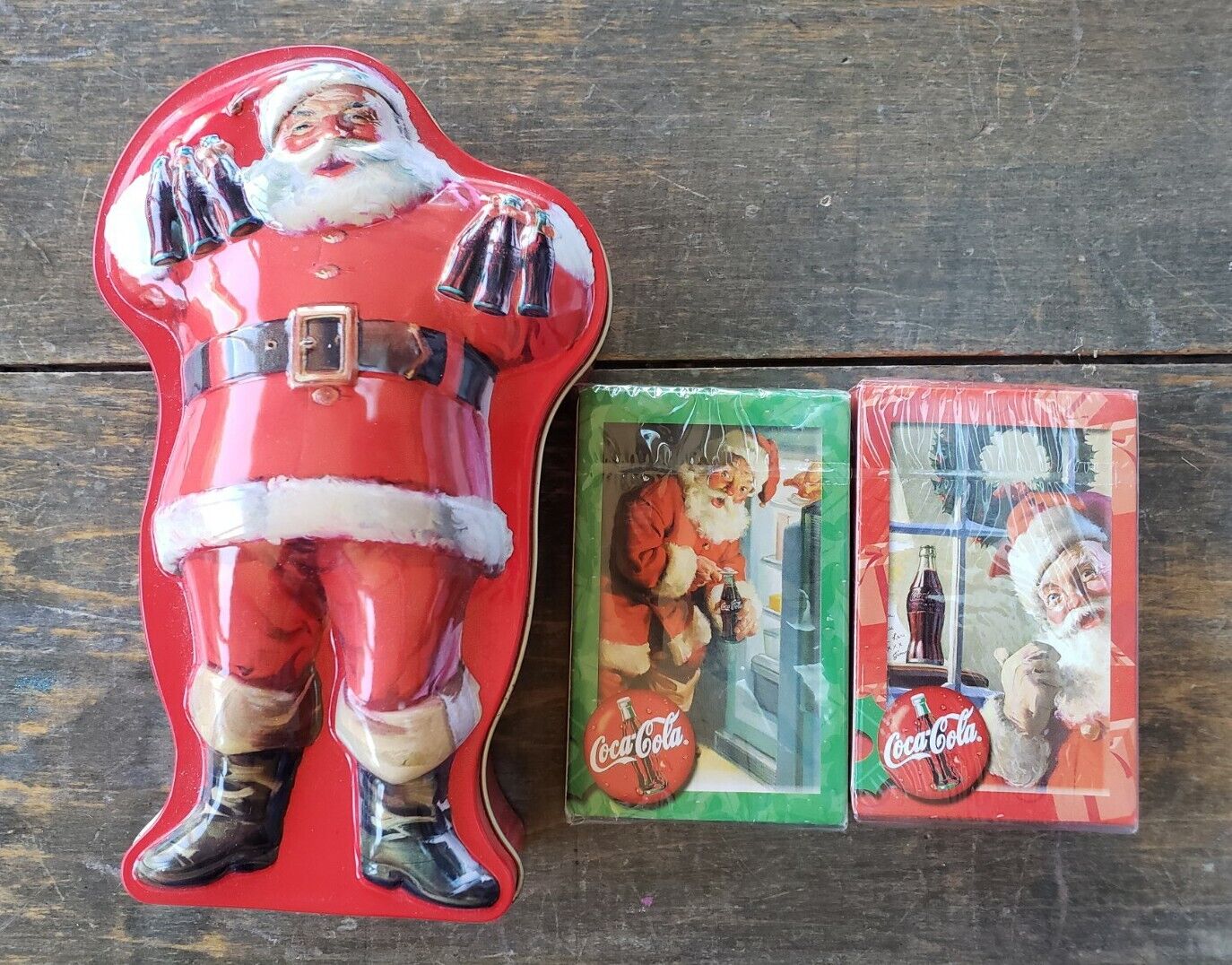 Coca-Cola Collectible Santa Tin With New Sealed Bicycle Playing Cards Christmas 