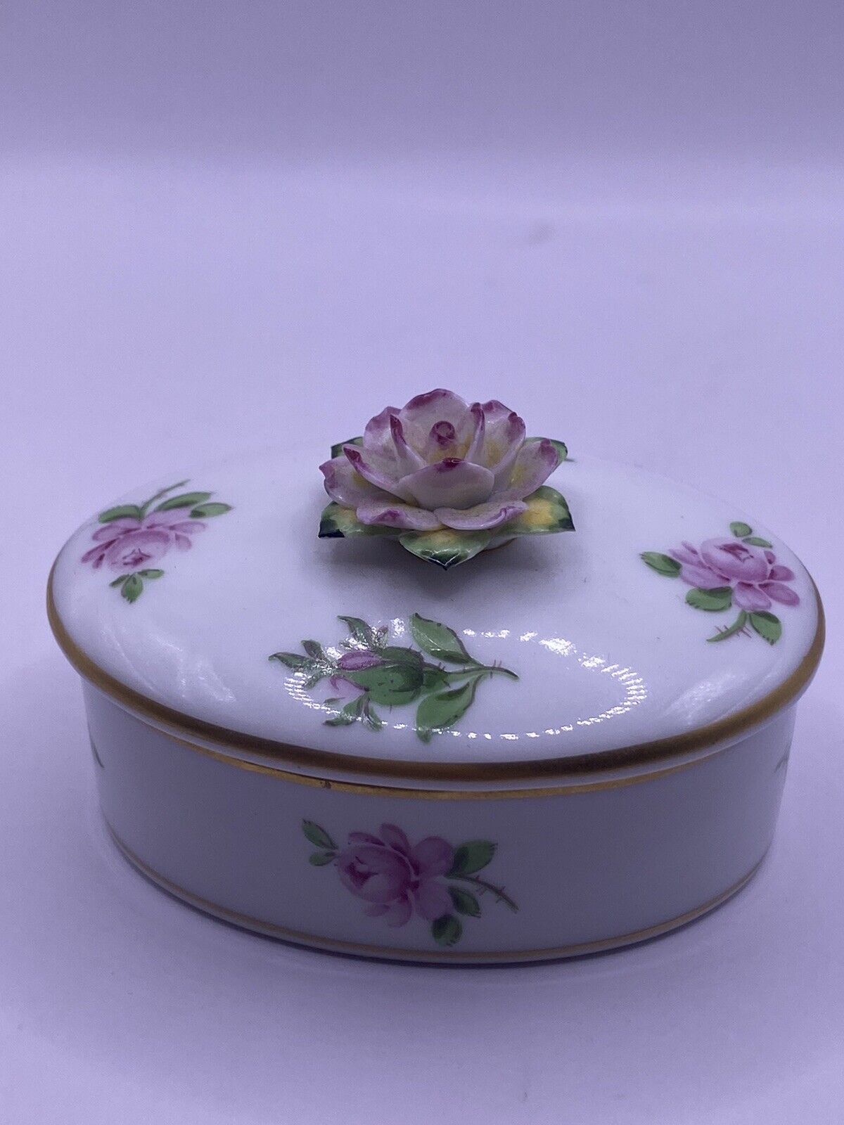 MPM Saxonia Handgemalt Vintage Porcelain Floral Trinket Box Purple Pink Numbered