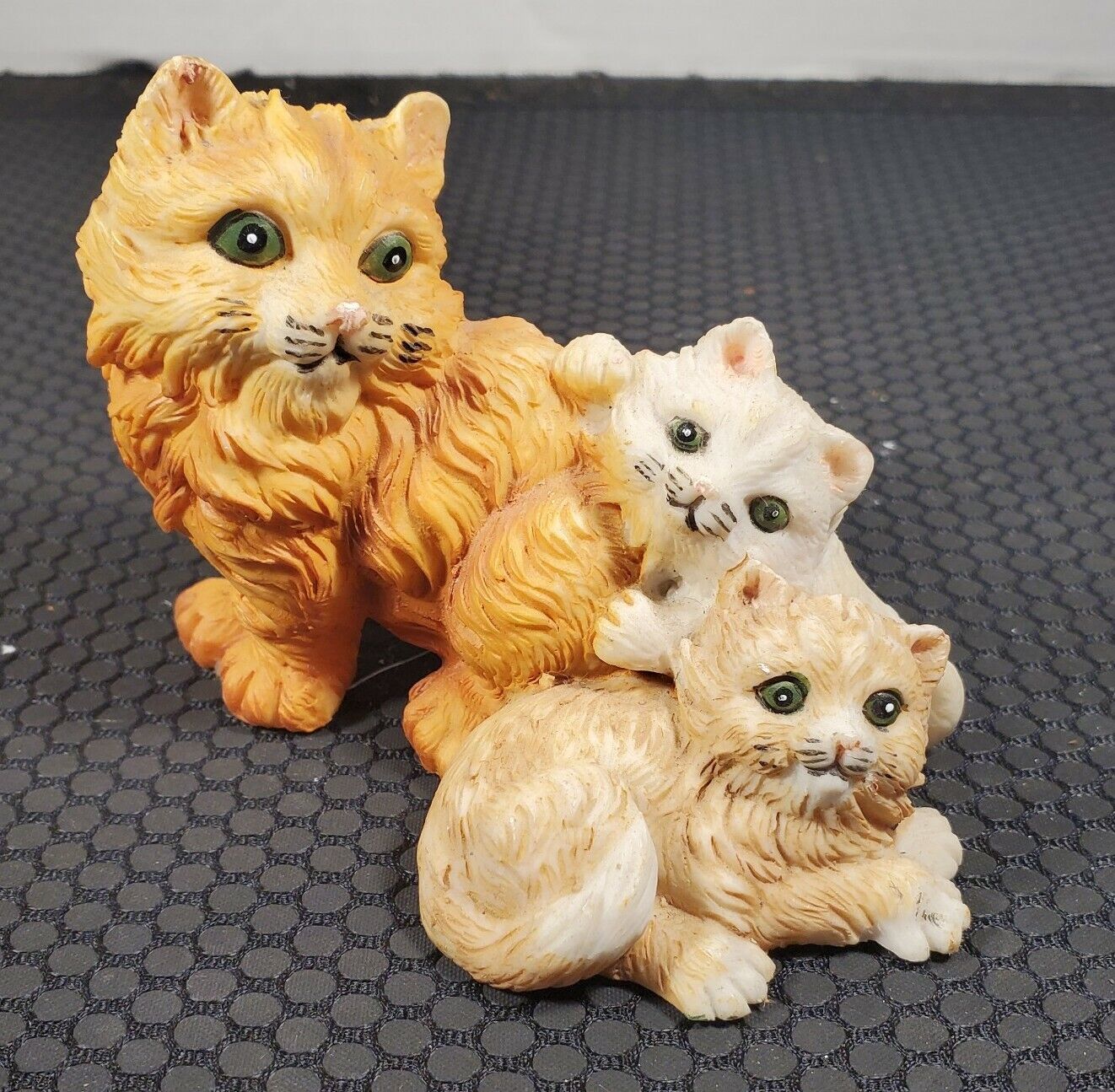 Vintage Mamma Cat and her kittens resin figurine triple cats or kitties orange 