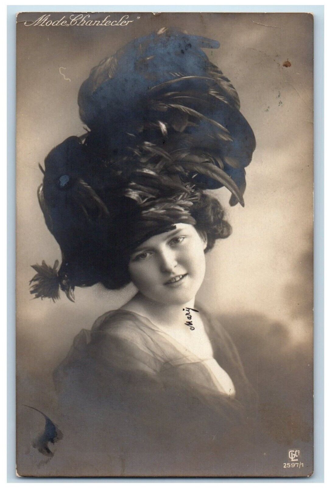 Birthday Woman Giant Feather Victorian Hat Studio Latvia RPPC Photo Postcard