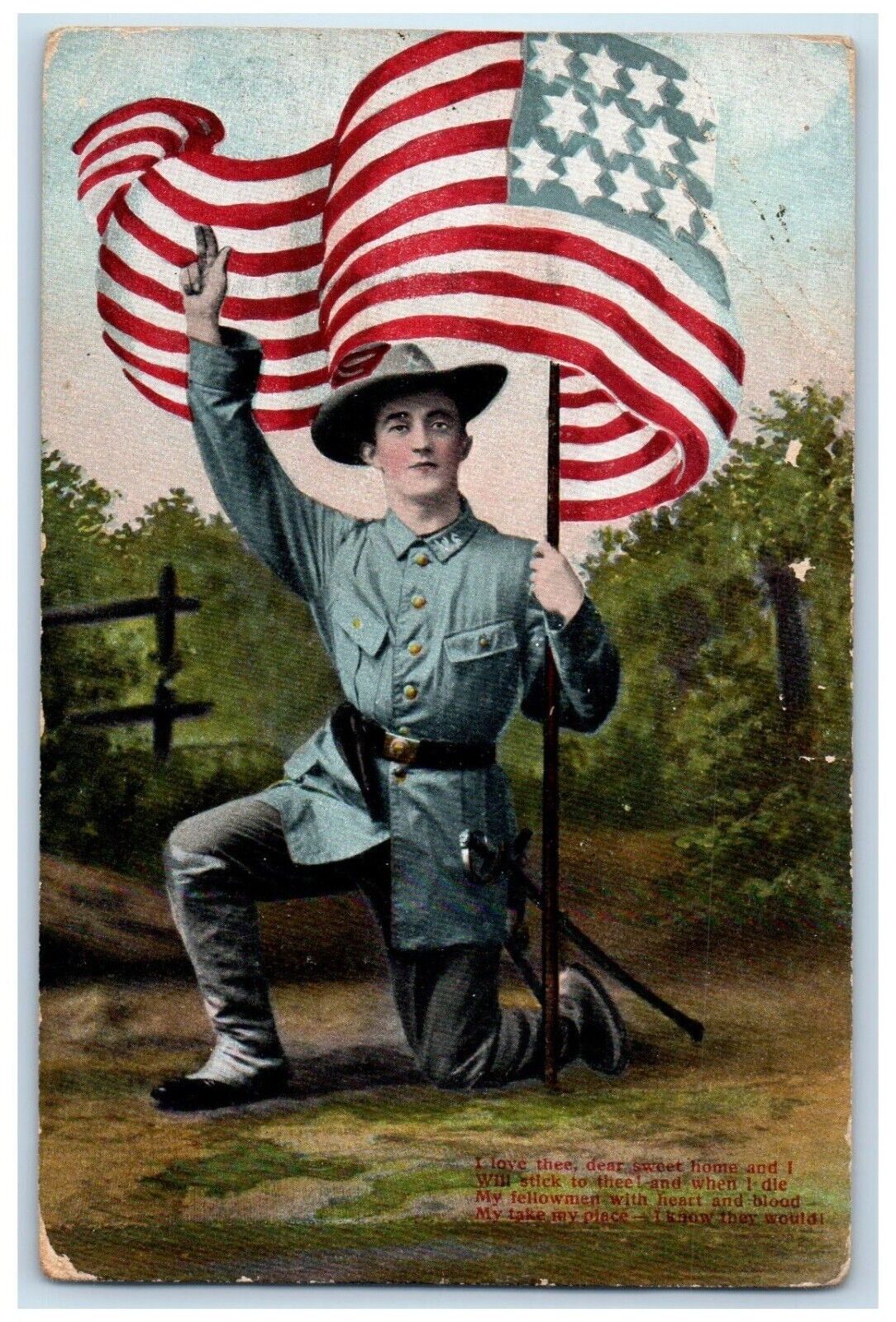 c1910's WWI Military Soldier Holding Flag Patriotic Unposted Antique Postcard
