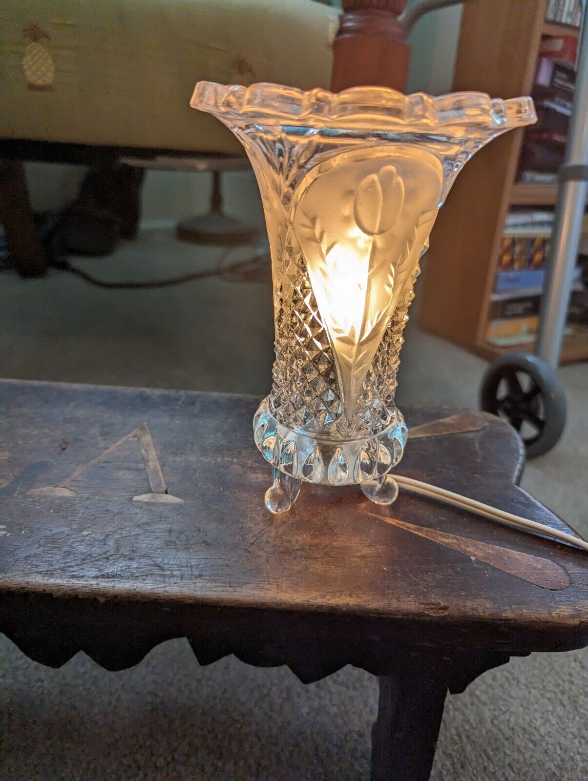 Vintage Pressed  And Cut Glass Tulip Flower Lamp/Night Light
