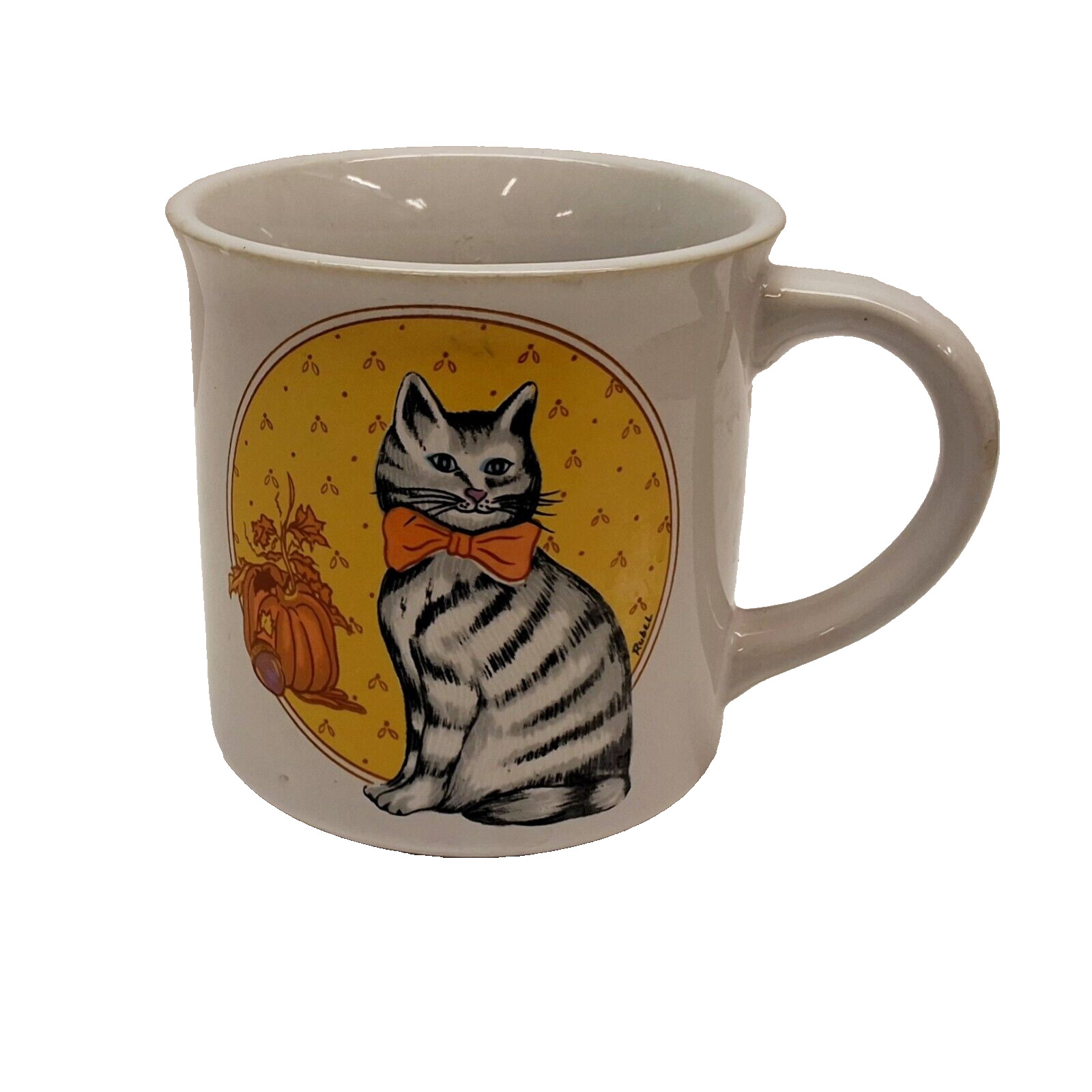 Vintage 1985 Cat Coffee Mug Striped Cat Bowtie Orange Fall Theme Chadwick Miller