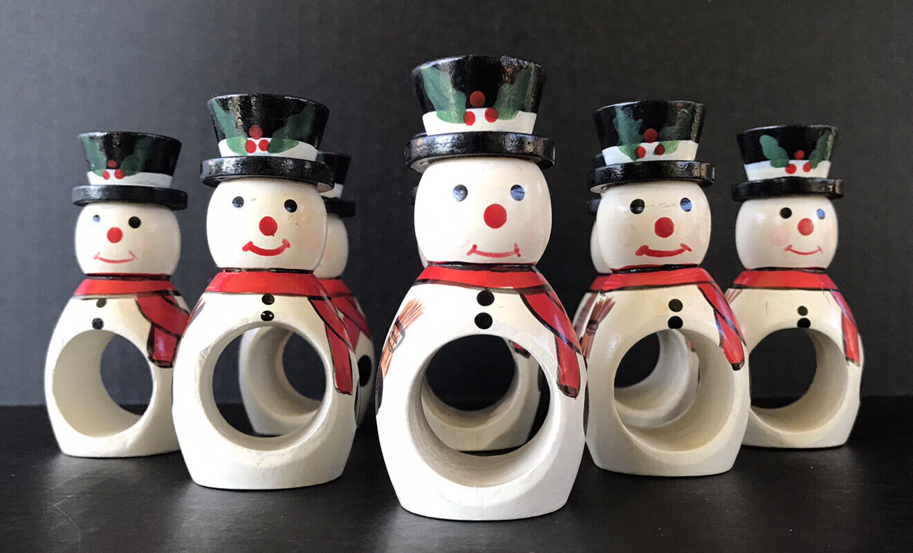 Christmas Napkin Rings Snowman Wood Set Of 8 Holiday Tablescape Snowmen