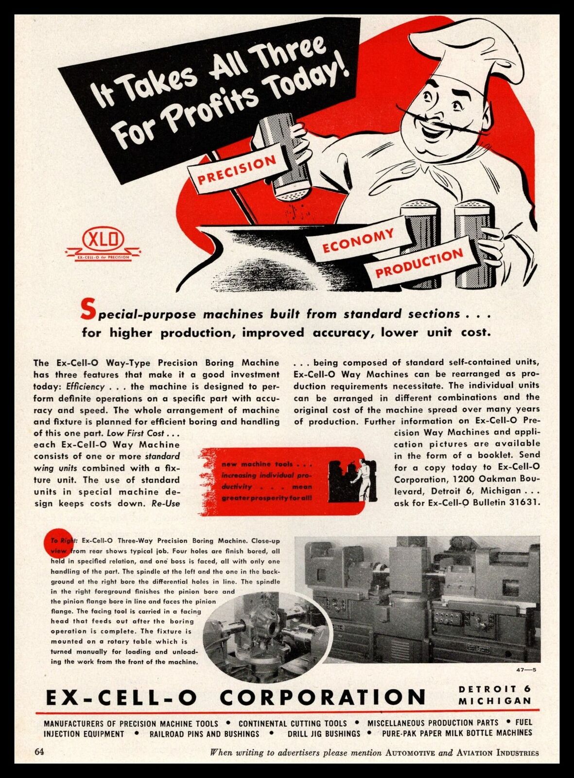 1947 Ex-Cell-O Corp. Boring Machines Detroit Michigan Cartoon Chef Pot Print Ad