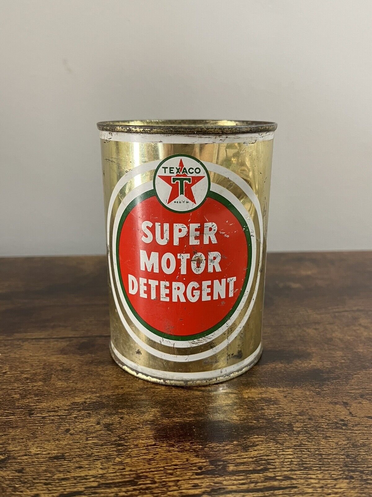Texaco Super Motor Detergent Can 15oz Can FULL NOS Gold Canco 1957