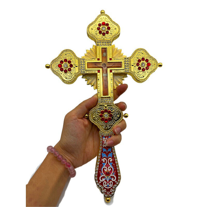 Orthodox Pectoral Gold Blessing Hand Cross Jesus Crucifix Church Priest Prayer