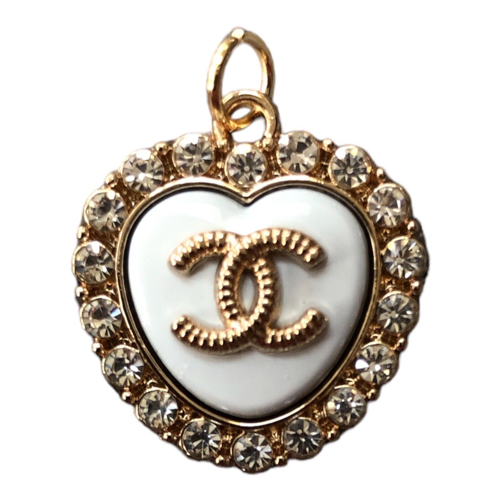 Chanel Heart Pendant Metal Gold White Rhinestone Zipper Pull 22MM