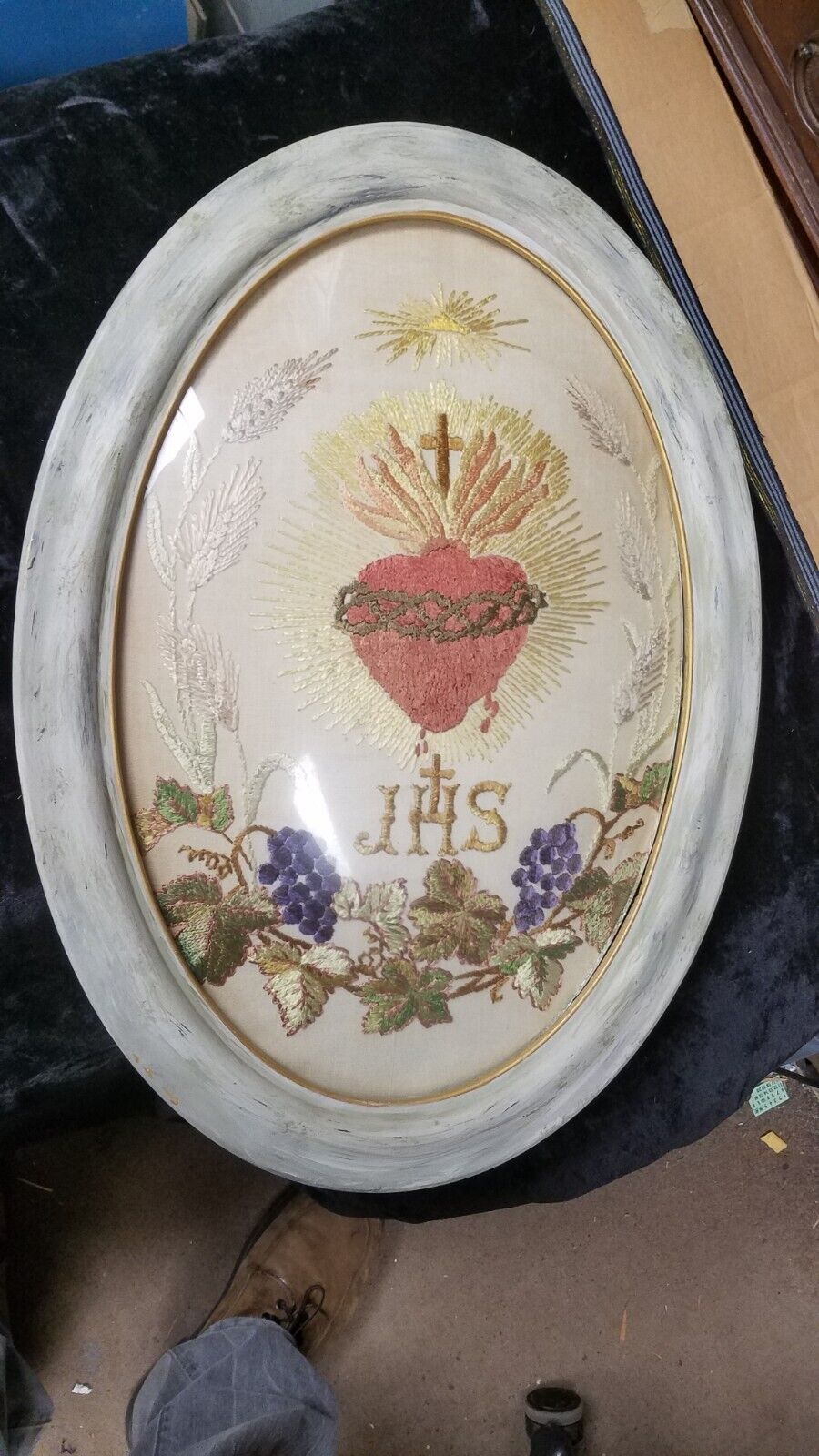 Vintage JHS Jesus Savior of Mankind Oval Framed Embroidered Christian Design
