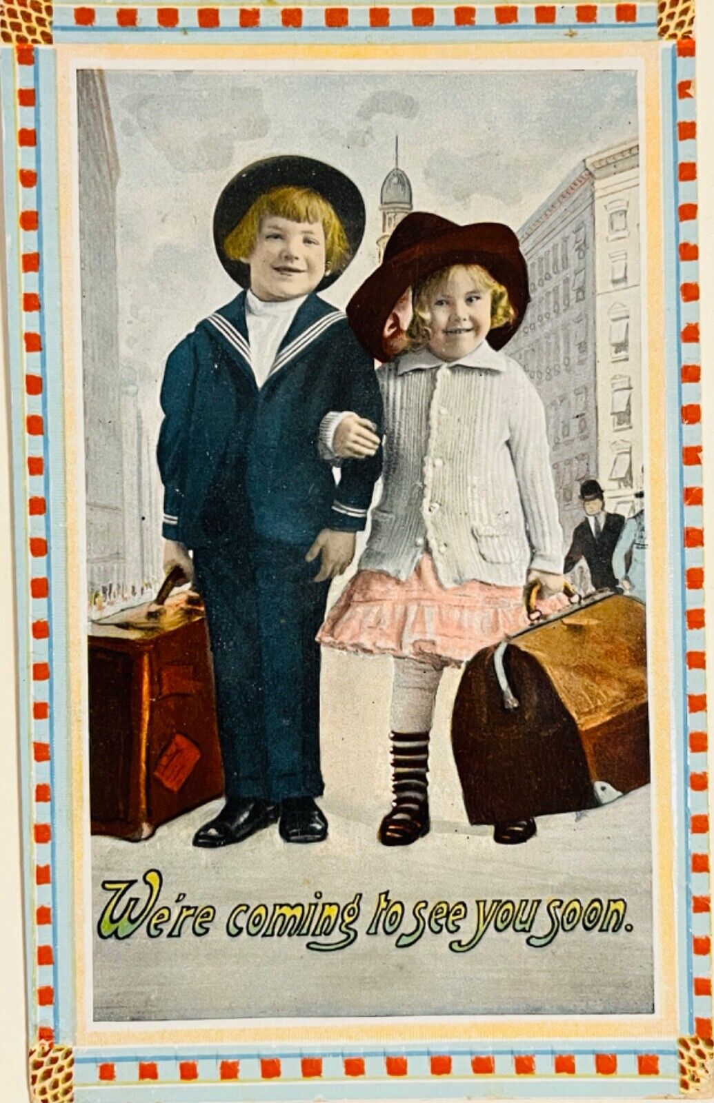 Children with Suitcases Tinted Photo Antique Postcard c1910