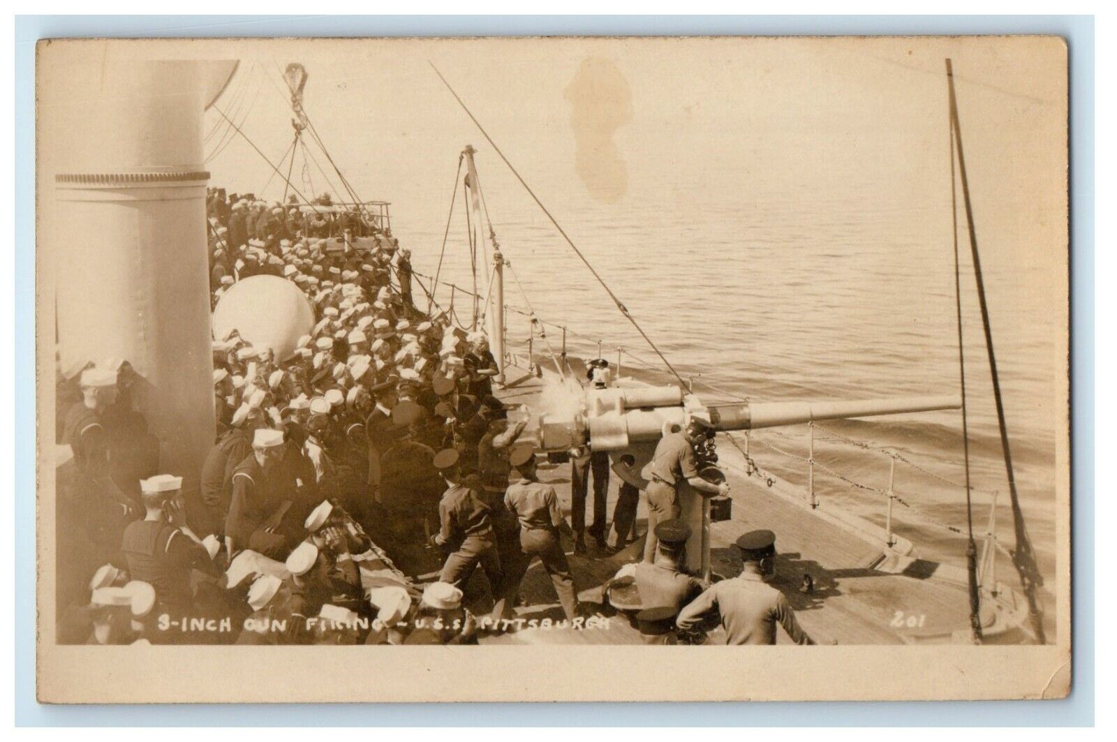 c1920\'s 3-Inch Gun Firing U.S.S. Pittsburgh Navy Sailors RPPC Photo Postcard