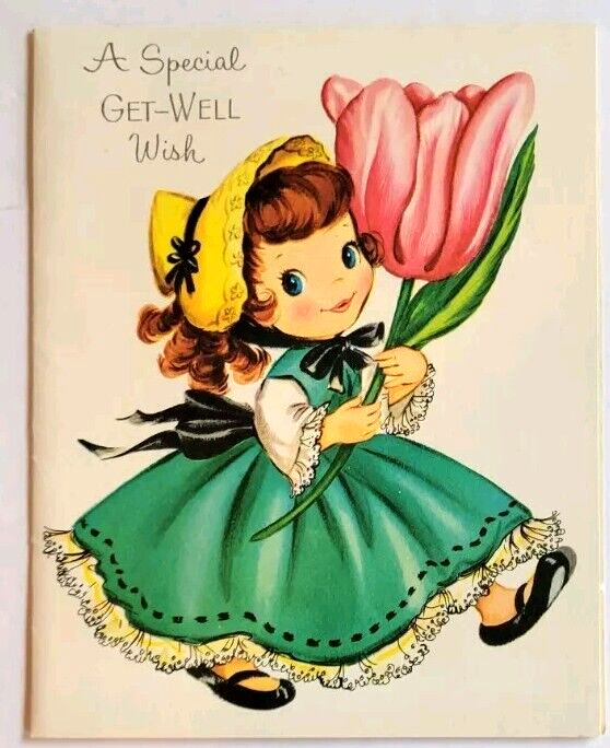 Vintage 1950s Sweet Little Girl Holding A Tulip Get Well Card Adorable 