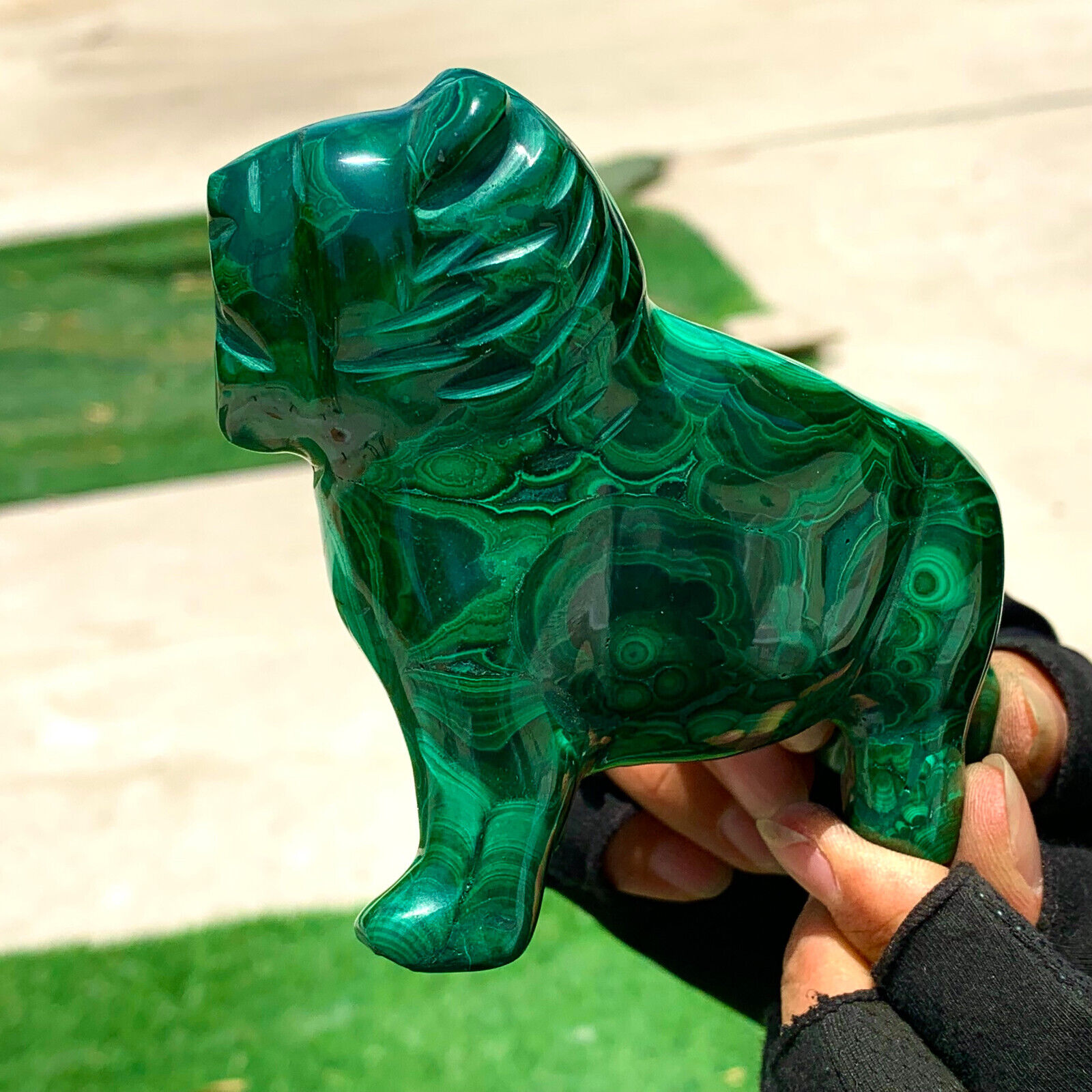 467G Natural glossy Malachite Crystal Handcarved lion mineral sample