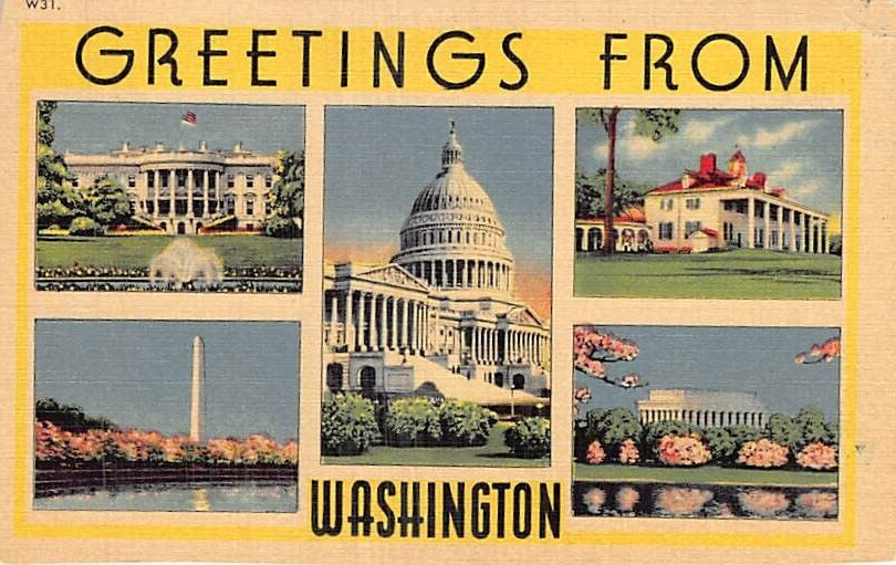 Postcard DC: Greetings from Washington, D.C., Linen, Multiview, Posted 1939