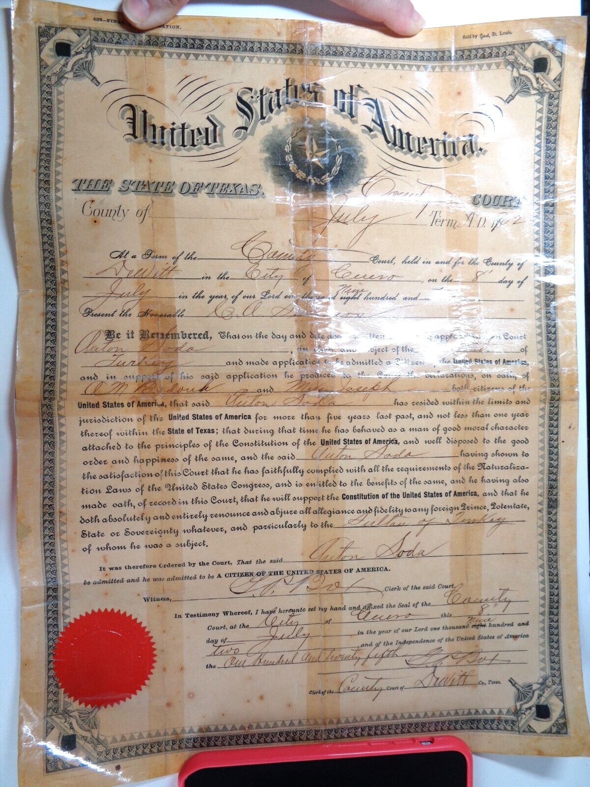 Antique 1902 Certificate of Final Naturalization, State of Texas.