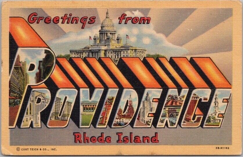 PROVIDENCE, Rhode Island Large Letter Postcard State Capitol Curteich Linen 1943
