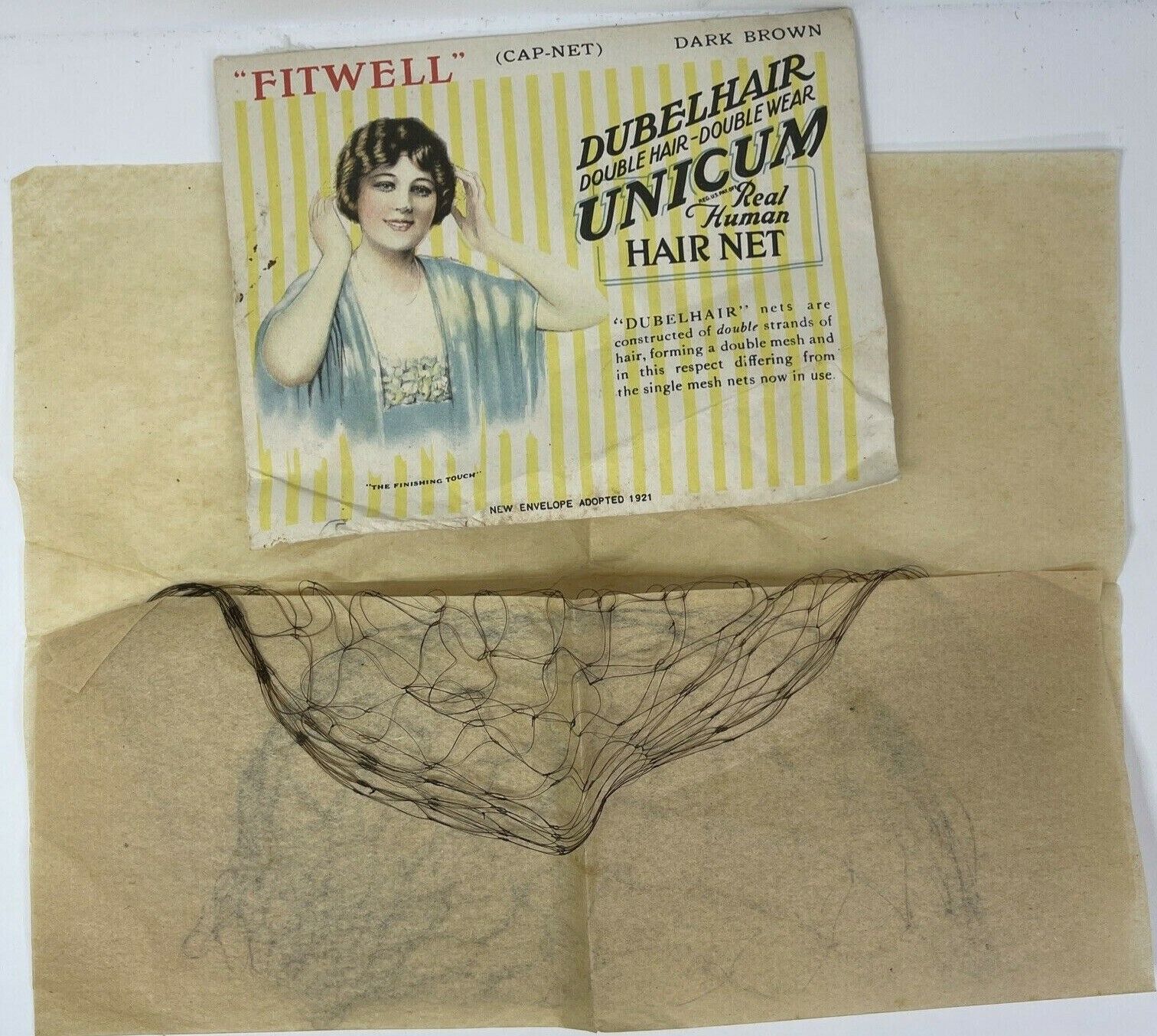 Unicum Fitwell Real Human Hair Cap Net Dark Brown 1921 Packaging Vintage ad Wear
