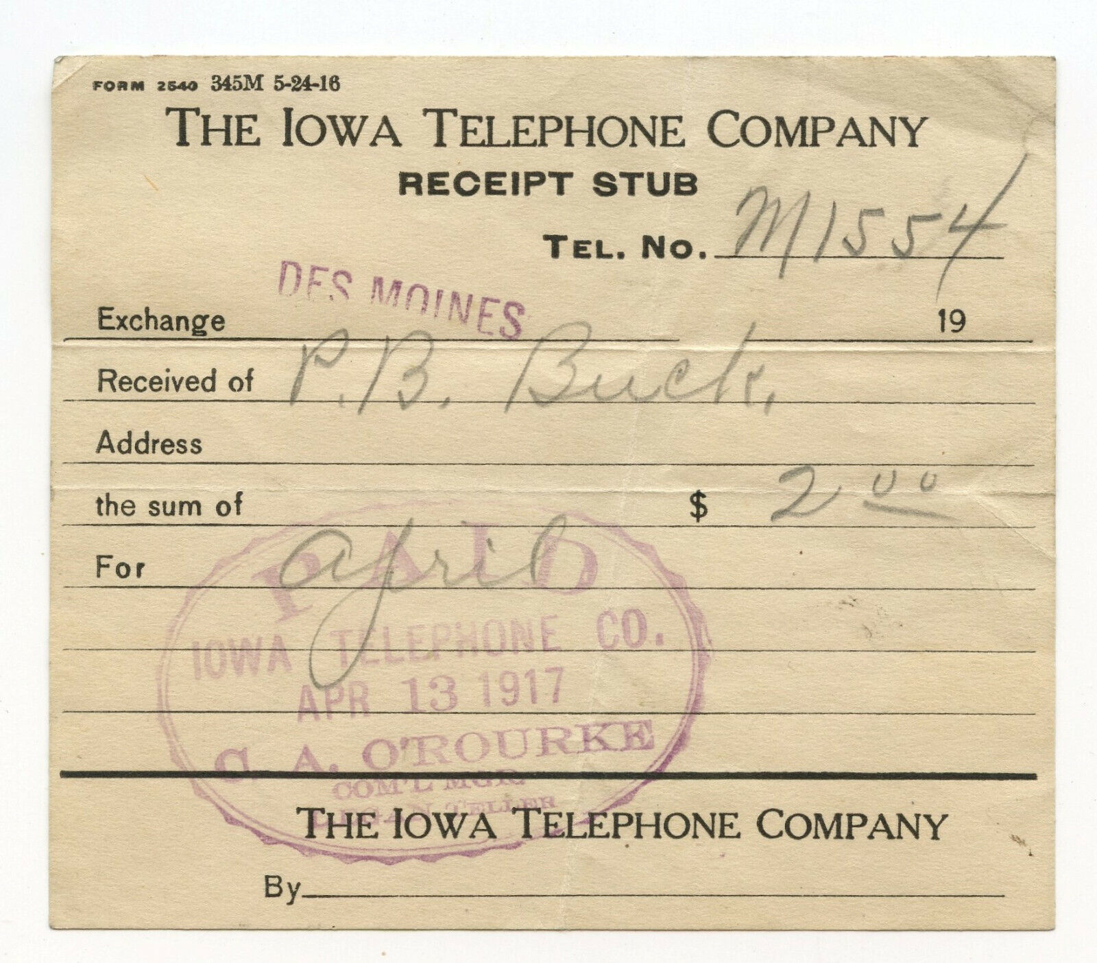 The Iowa Telephone Company Receipt Stub Apr 13, 1917
