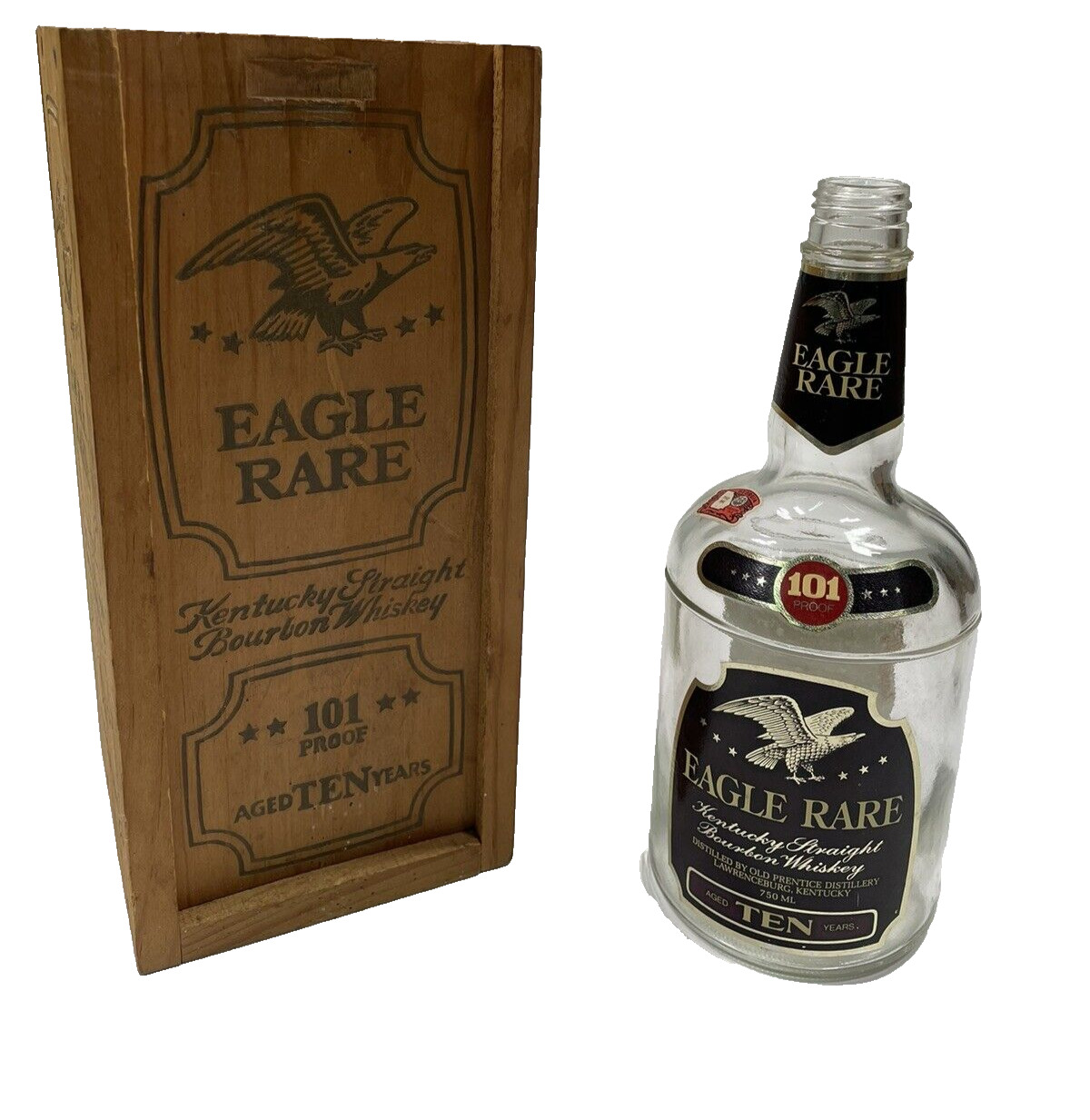 Eagle Rare 101 Proof Ten 10 Years Vintage 1980s 1970s Empty Bottle and Wood Box