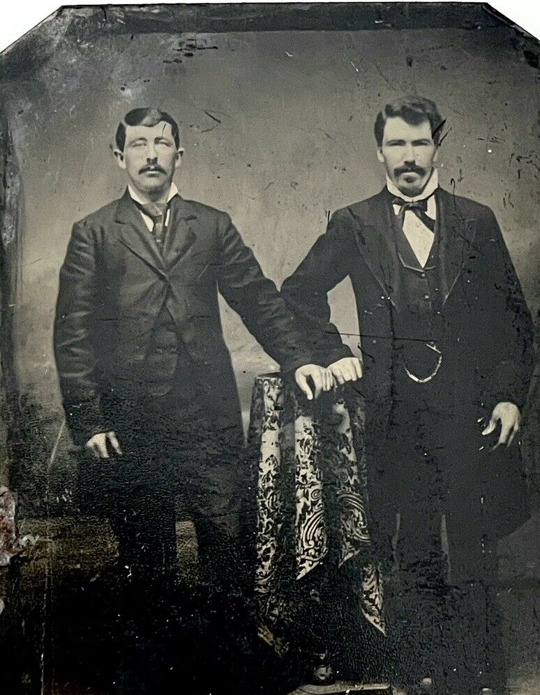 Two Handsome Gentleman Posing - Brothers W. Mustaches - Antique Tintype Photo 