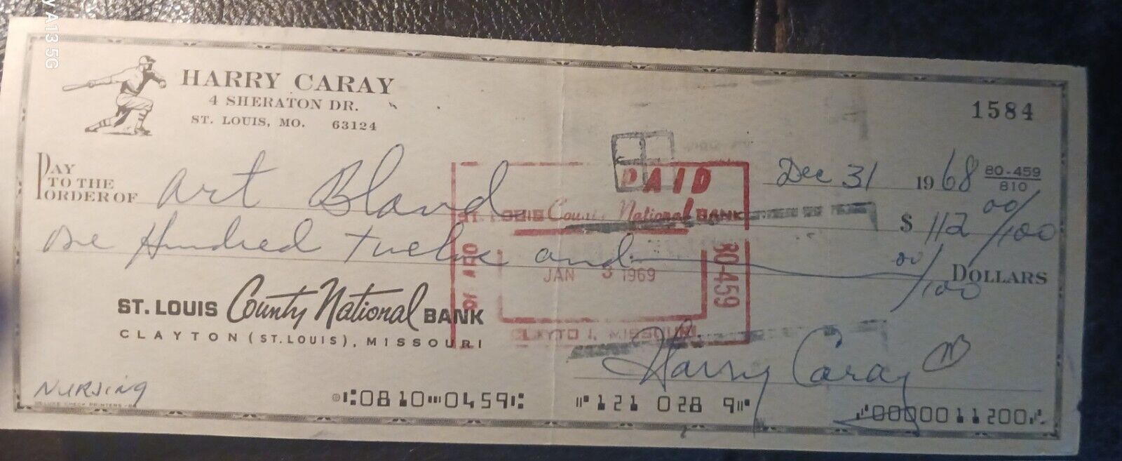 Harry Carey Signed 1968 Check Chicago Cubs Legend Super Rare