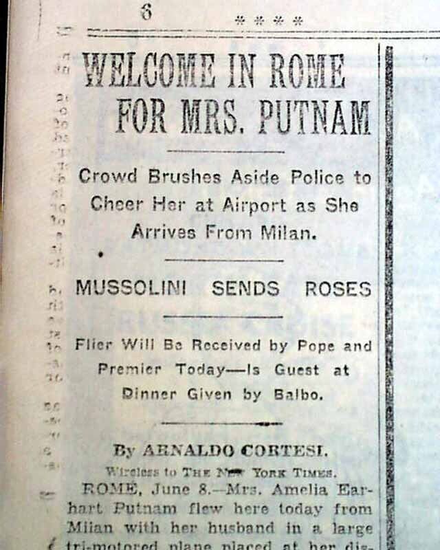AMELIA EARHART 1st Transatlantic Airplane Flight Solo ROME ITALY 1932 Newspaper