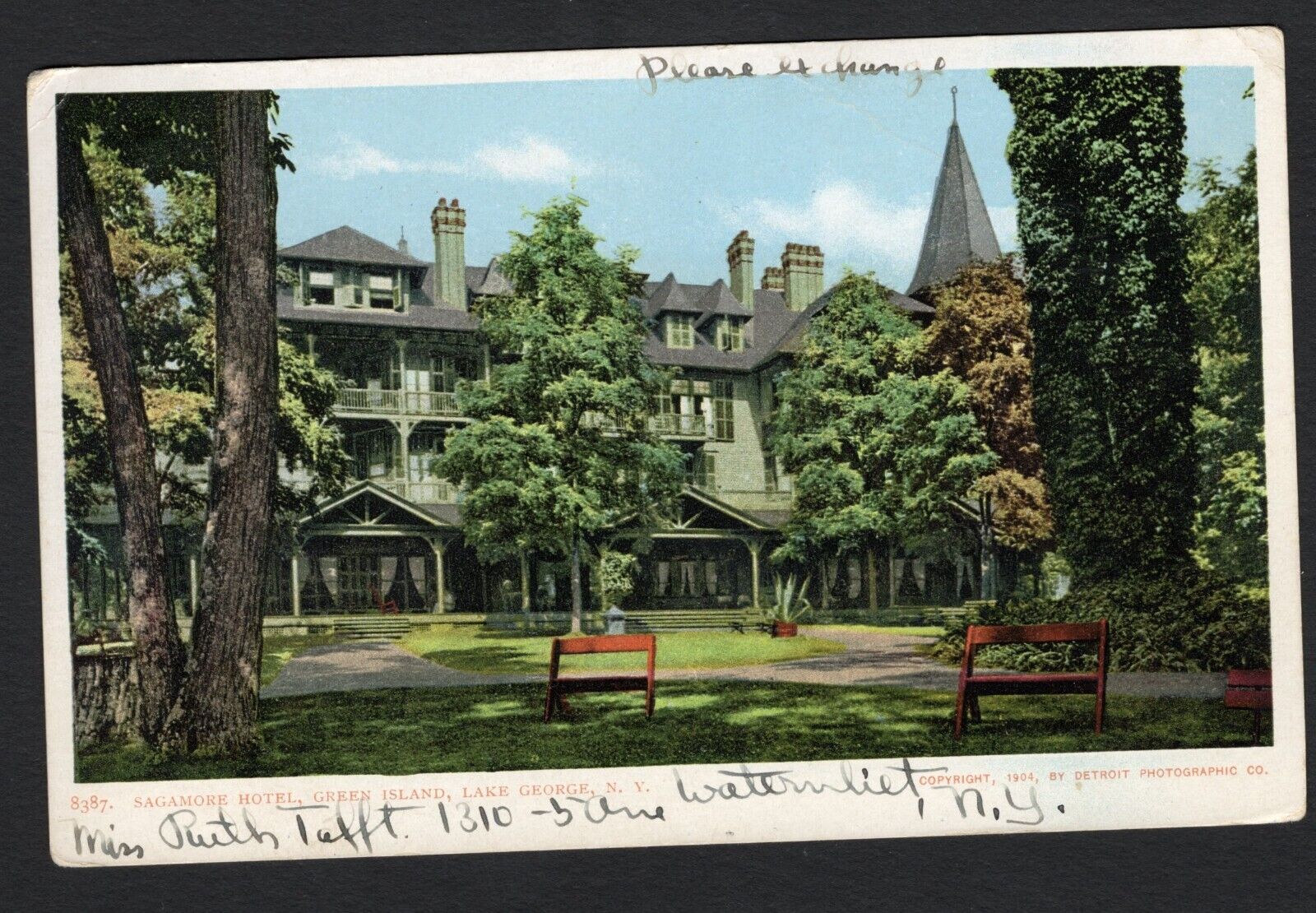 Sagamore Hotel, Lake George NY postcard - undivided back 1906