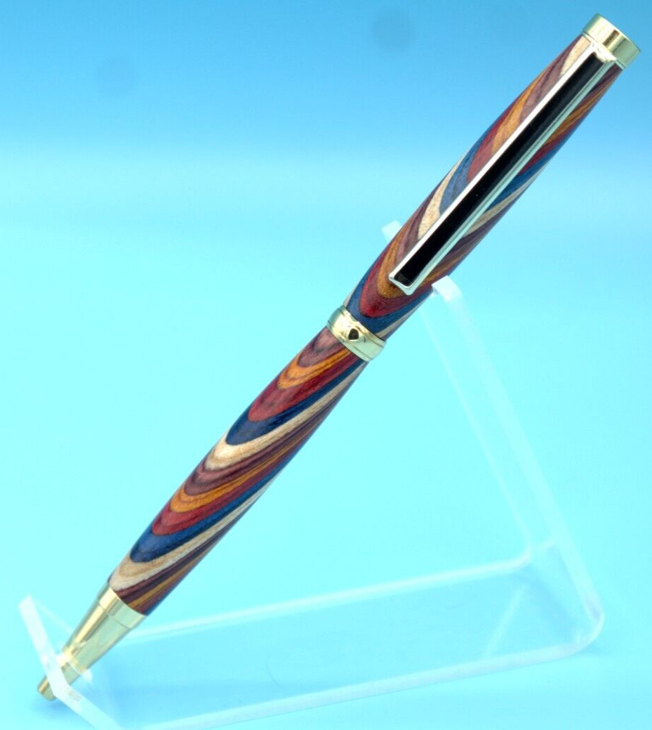 Slimline Ballpoint pen in Gold Finish & Black Stripe Clip with Color Grain Wood