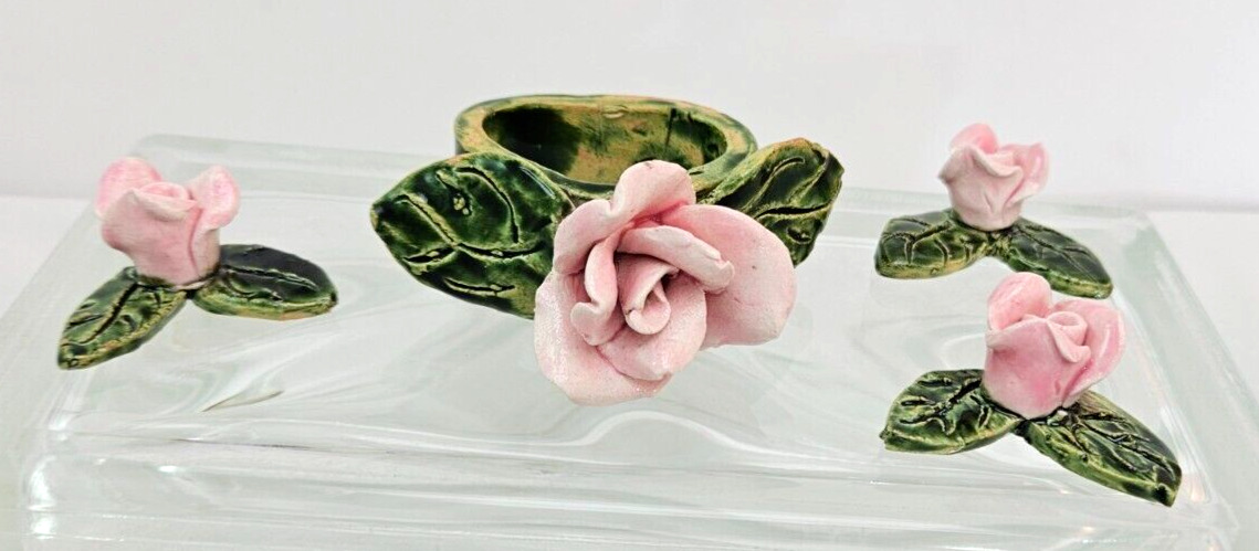 PINK ROSE NAPKIN RING & 3 FLORETS~Studio Art Pottery~Tea~Cottage~Light Academia