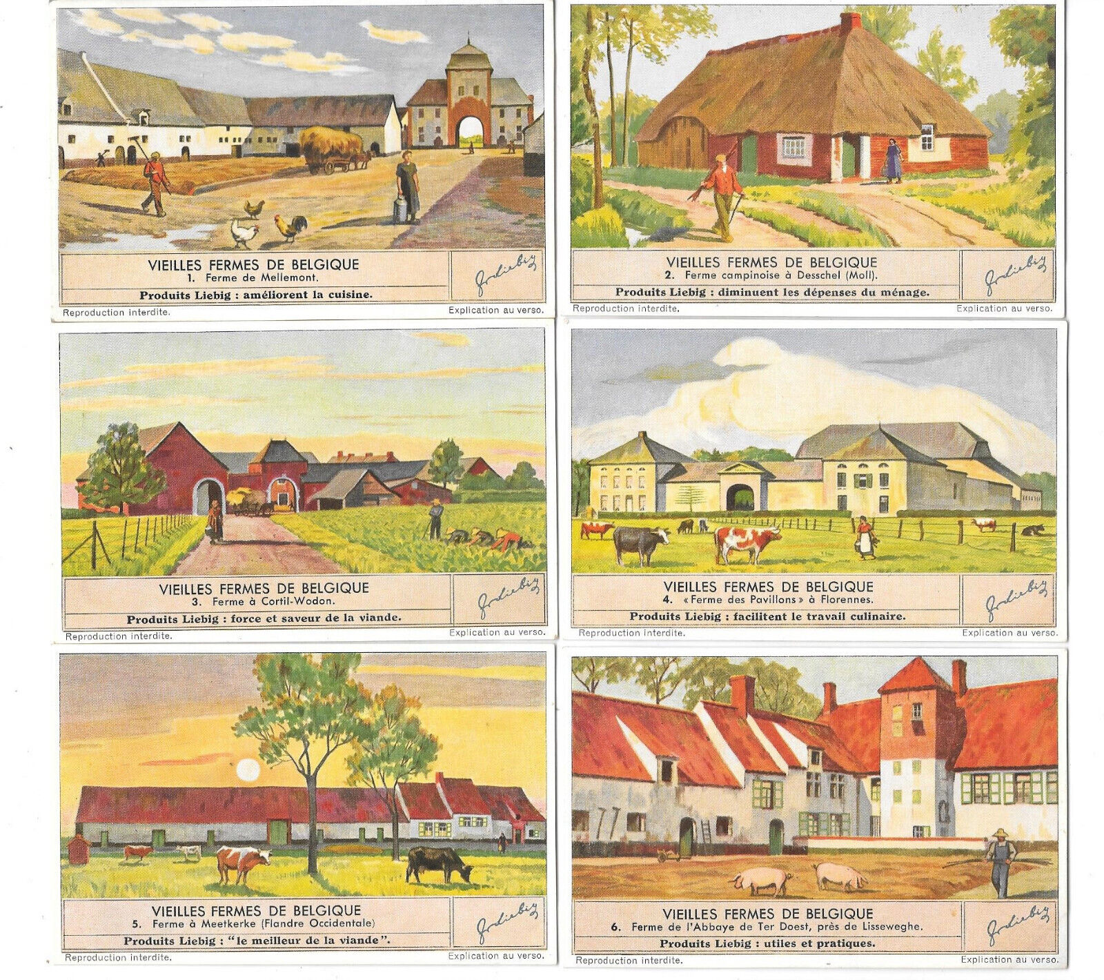 LIEBIG TRADE CARDS, OLD BELGIAN FARMS 1940 Set of 6 Cards (S1425 French).