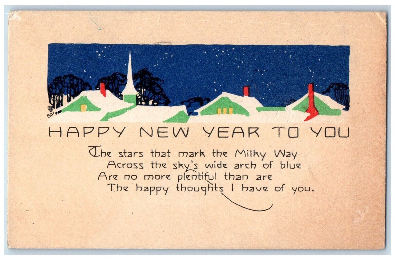 1917 Happy New Year Volland Arts Crafts Houses Winter Racine WI Antique Postcard